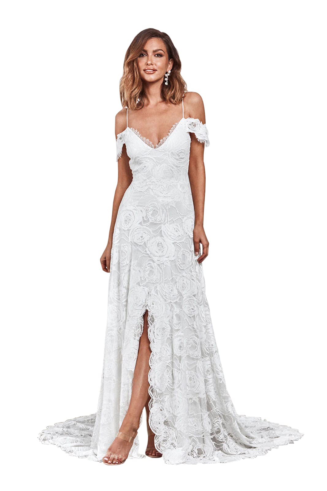 Off The Shoulder A-Line Lace Boho Wedding Dress Long Bridal Gown with Slit - Elegant Beach, Garden & Destination Wedding Gown for Bride