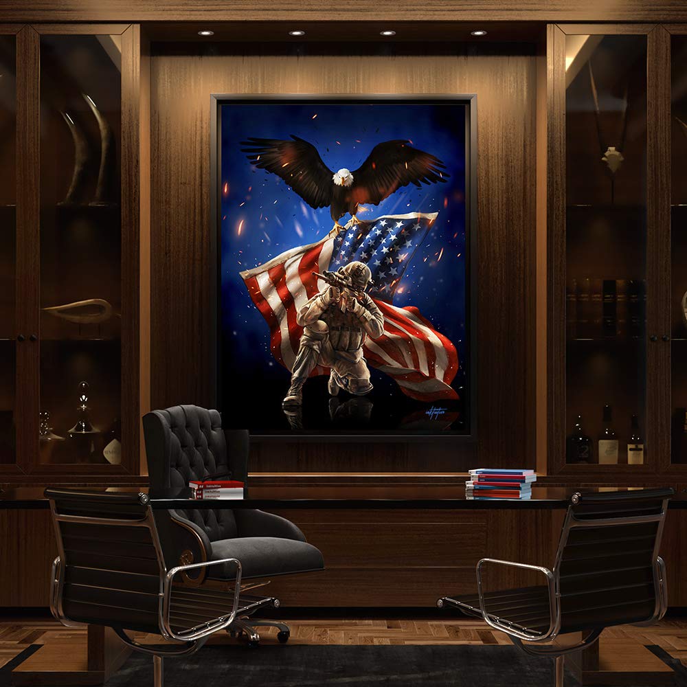 Inktuitive 'American Patriot' Inspirational Wall Art with Black Frame | American Eagle Canvas Print for Man Cave | Modern Décor for Bedroom, Living Room & Office | 24 x 18 Inches | Perfect for Patriotic Home Decor & Gifts