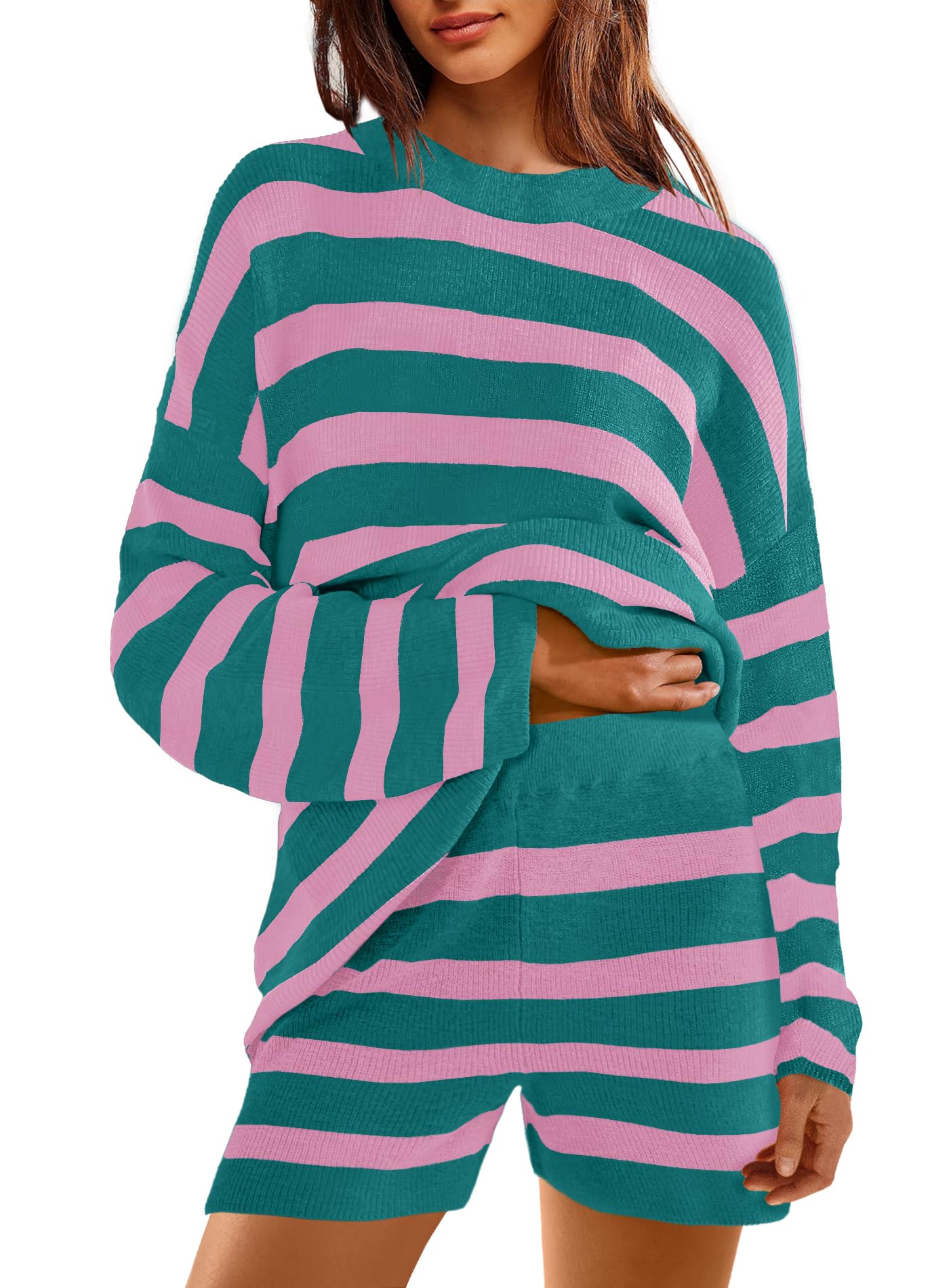 Yanekop Women's Striped Sweater & Shorts Lounge Set - Oversized 2-Piece Pajama Set with Long Sleeve Tunic | Cozy Loungewear for Home, Sleep & Relaxation