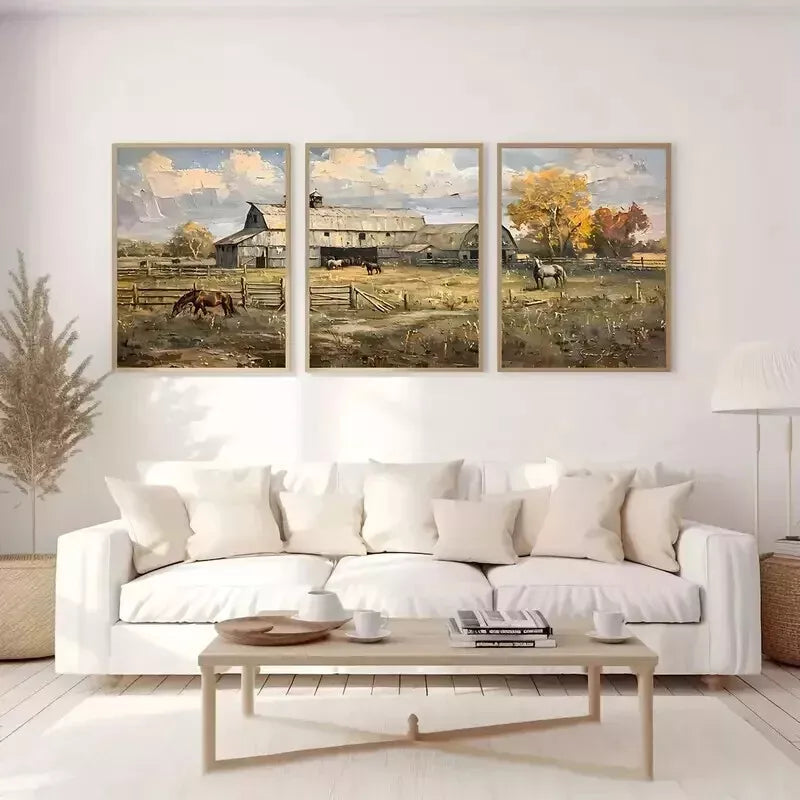 3-Piece Rustic Farmhouse Landscape Canvas Wall Art Set - 50x70cm Framed Canvas Prints - High Quality Australian-Made Wall Decor - Ready to Hang - Perfect for Living Room, Bedroom & Office Decor