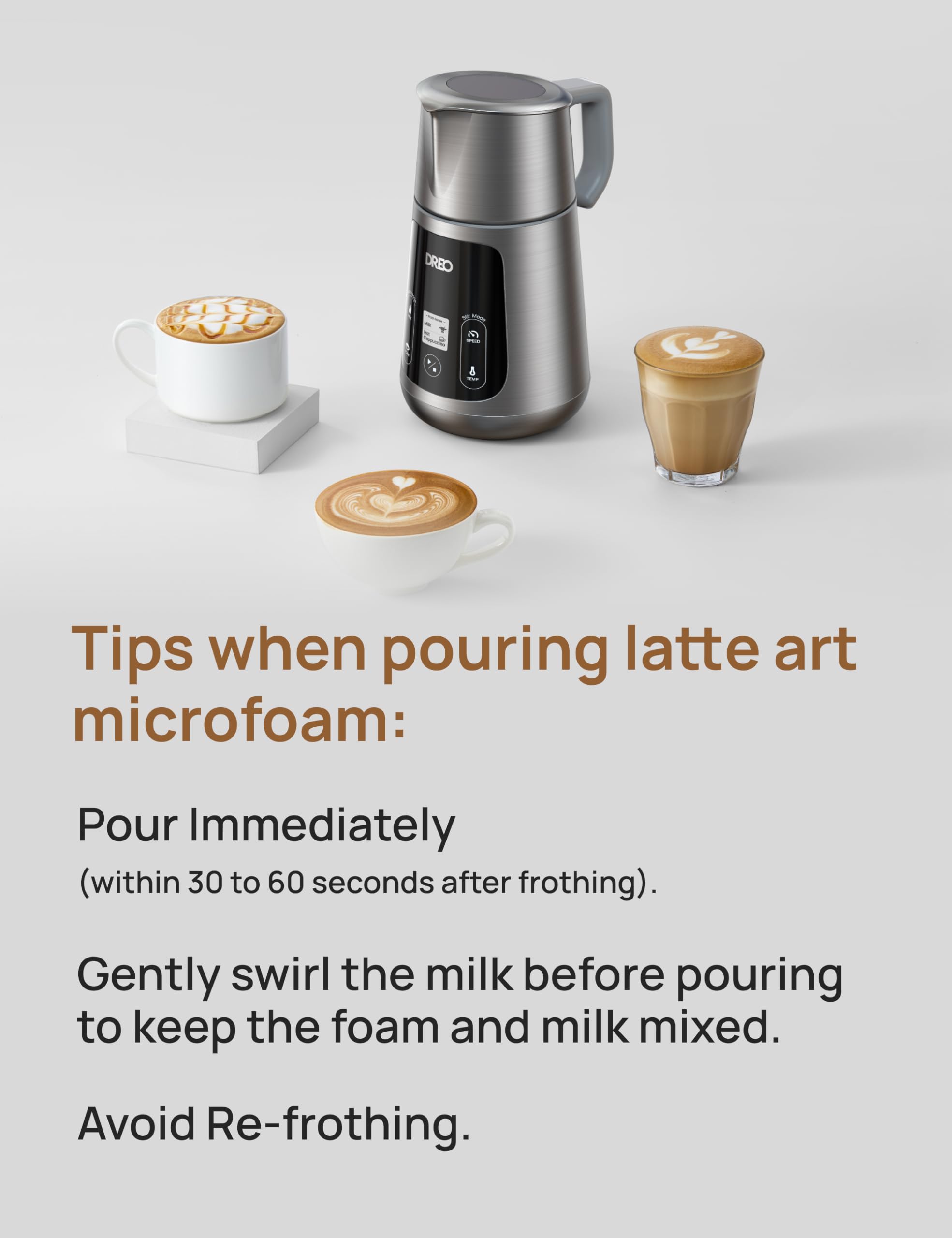 Dreo All-in-1 BaristaMaker Electric Milk Frother & Warmer - 15oz/450ml Automatic Coffee Frother for Latte Art, Cappuccino & Hot Chocolate - Works with Dairy & Plant-Based Milk - Dishwasher Safe - Perfect for Home Baristas & Coffee Lovers