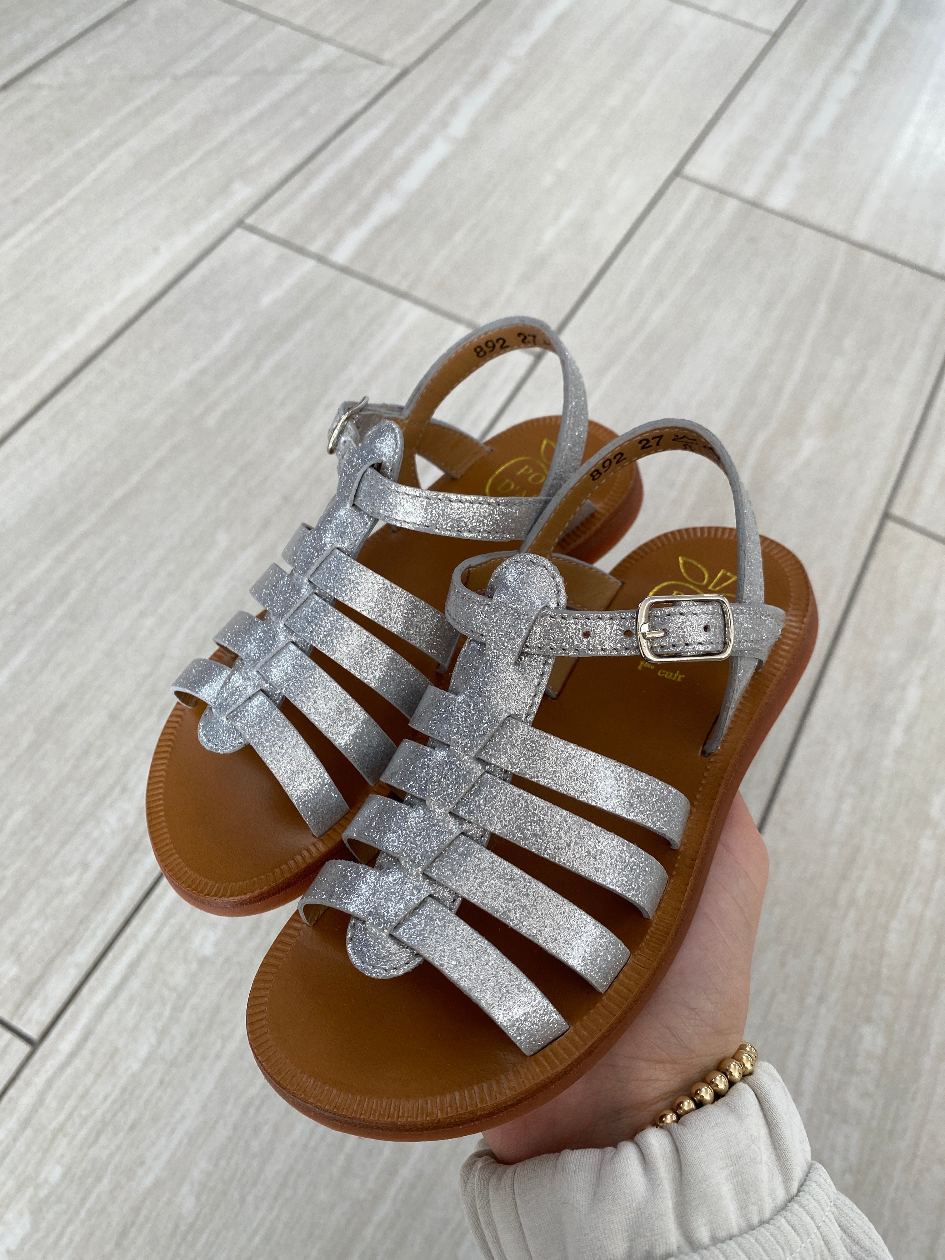 Pom D'Api Silver Glitter Sandals for Girls - Sparkly Dress Shoes for Weddings, Parties & Special Occasions
