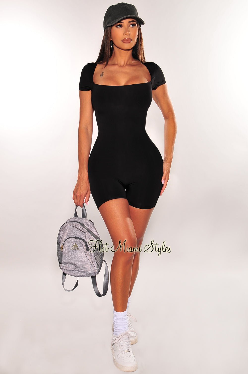 Women's Black Short Sleeve Square Neck Romper Jumpsuit - Casual Summer Outfit for Beach, Vacation & Daily Wear