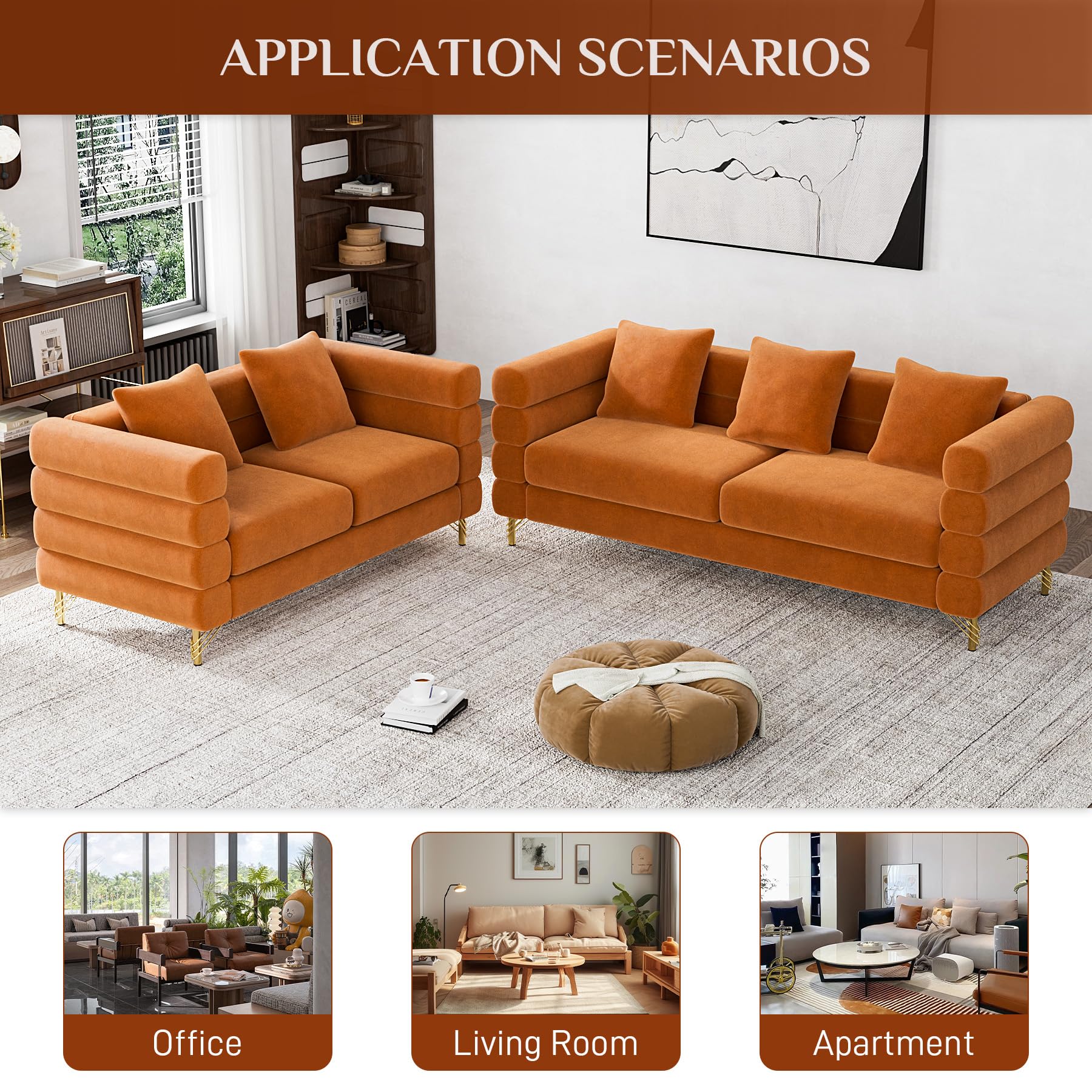 Modern Velvet Sofa and Loveseat Set - Overstuffed Deep Seat Cloud Couch with 5 Pillows, Oversized Chesterfield Furniture for Living Room & Bedroom (Orange) - Perfect for Small Spaces, Apartments and Cozy Home Decor