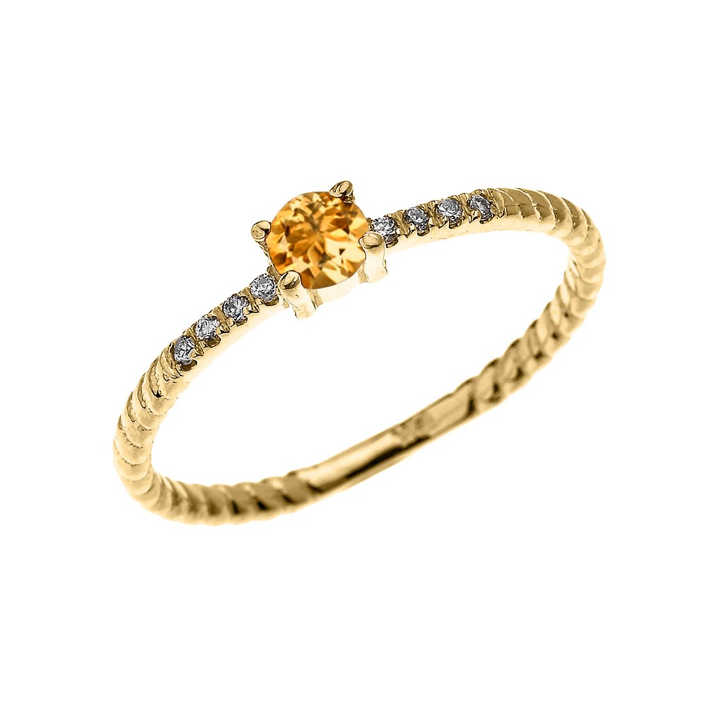 10K Yellow Gold Dainty Diamond & Citrine Solitaire Rope Design Stackable Ring for Women - Elegant Proposal, Engagement, Anniversary or Everyday Wear Jewelry Gift