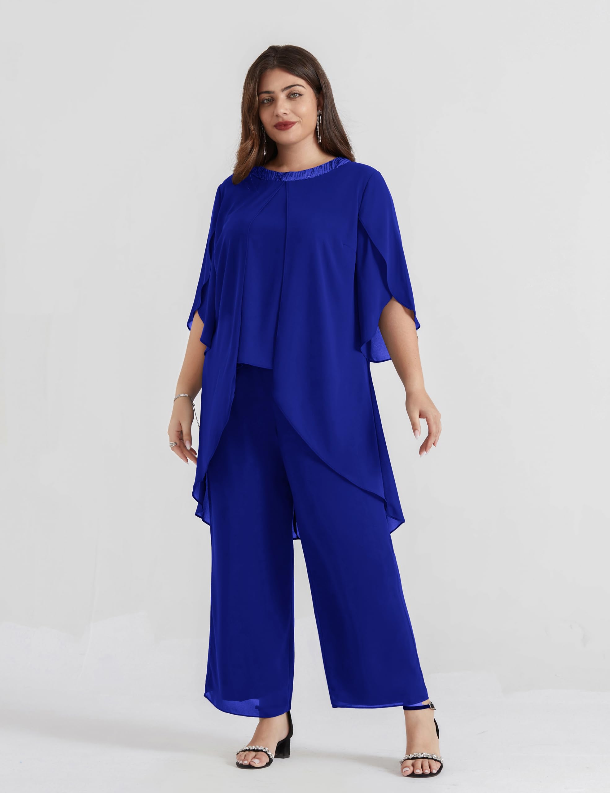 Hanna Nikole Plus Size Mother of The Bride Pant Suits - 2 Piece Chiffon Dressy Wedding Guest Outfit with High Low Hem - Elegant Formal Wear for Weddings, Parties & Special Occasions