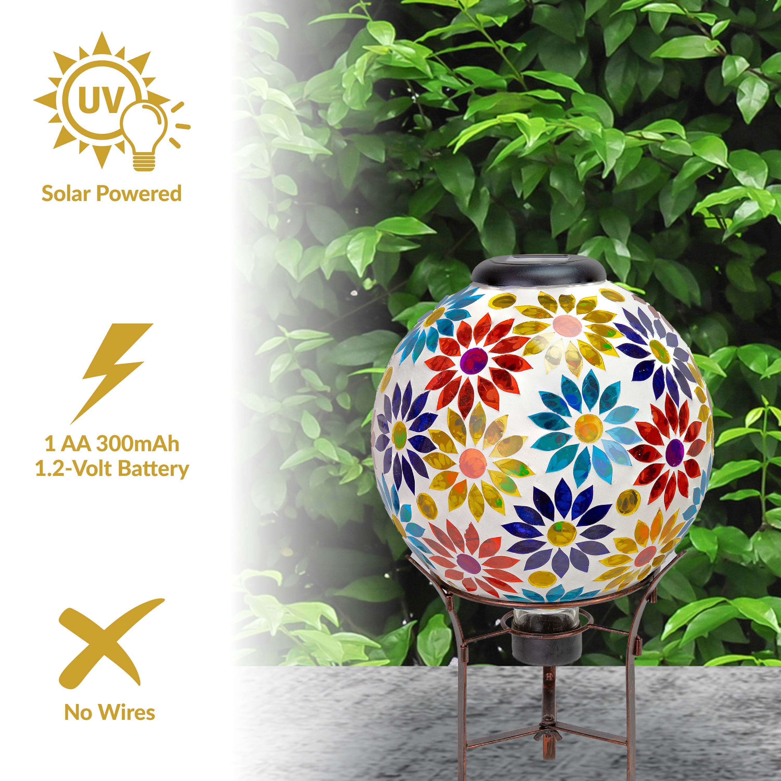 Sunnydaze 10-Inch Glass Mosaic Solar Garden Gazing Globe - Decorative Outdoor Sphere for Garden, Patio, Yard & Landscape Decor | Solar-Powered Light for Nighttime Ambiance