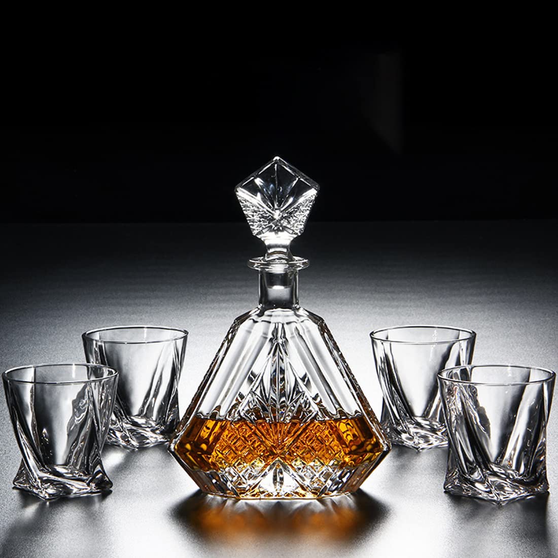 Premium Whiskey Decanter Set with 4 Crystal Glasses - 22.5 Oz Engraved Liquor Decanter & 11 Oz Whiskey Tumblers for Scotch, Bourbon, Vodka, Rum - Perfect for Home Bars, Gifts for Men, Dinner Parties & Special Occasions