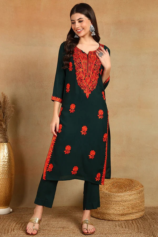 Stylish Green Embroidered Viscose Rayon Straight Cut Kurta for Women | Comfortable Ethnic Tunic Top | Perfect for Festivals, Parties & Casual Wear