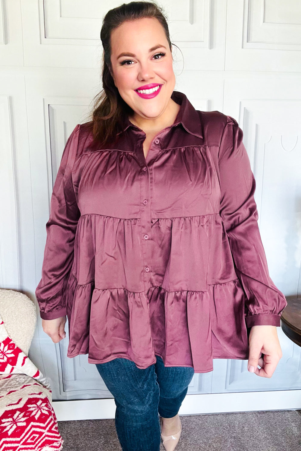 Burgundy Satin Babydoll Top with Button Down & Tiered Design - Perfect for Date Nights, Parties & Casual Outfits