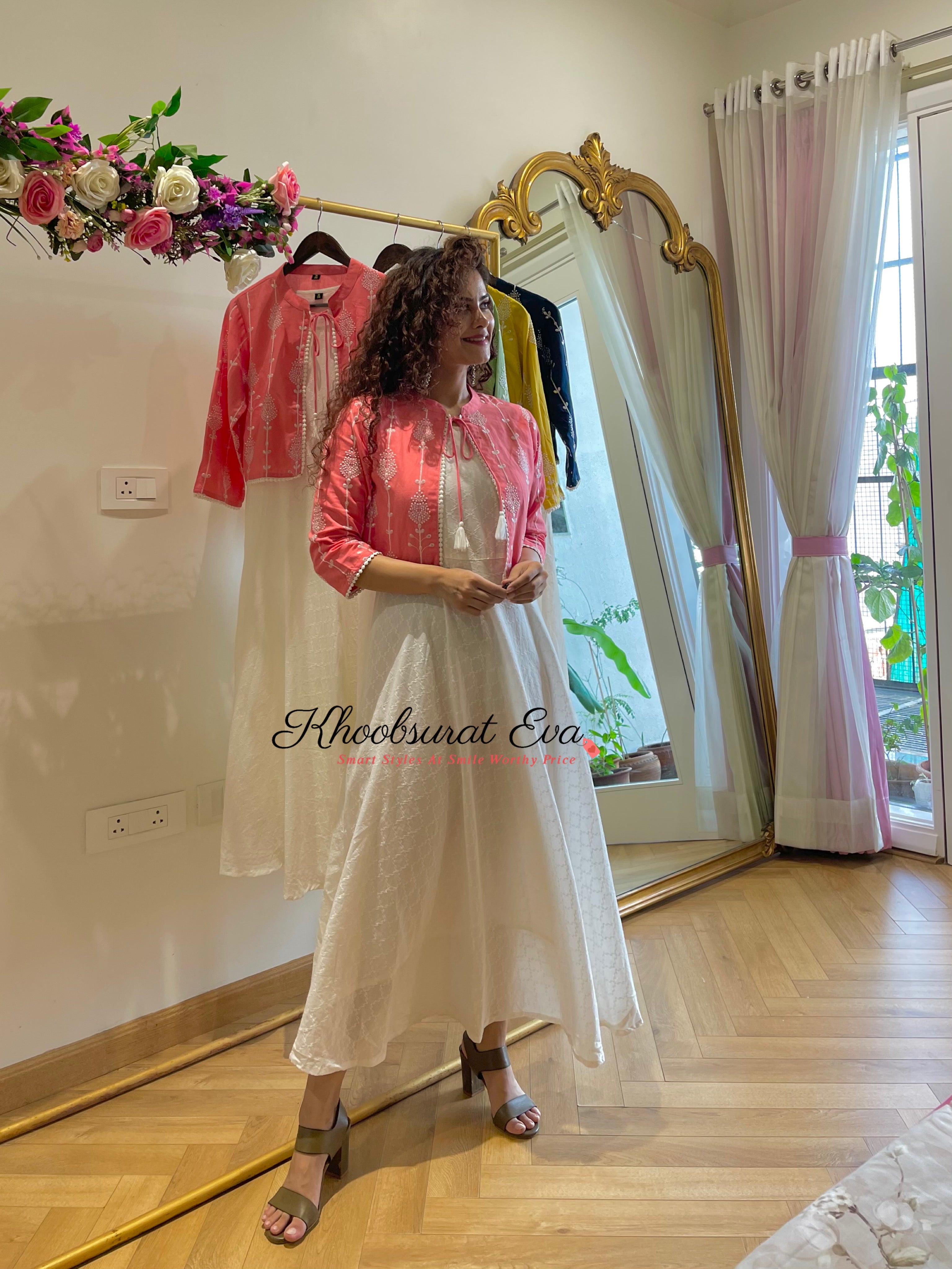 Elegant Pink & White Embroidered Jacket and Maxi Dress Set (2-Piece) - Perfect for Weddings, Parties & Special Occasions