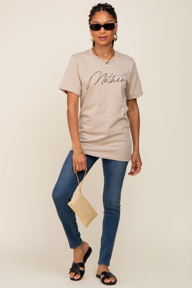 Trendy Beige Graphic Print Mom T-Shirt - Comfortable Casual Wear for Women - Perfect for Mother's Day, Family Outings & Everyday Fashion