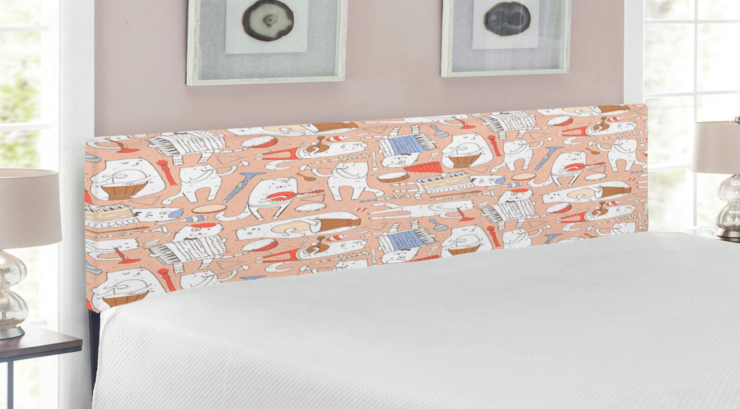 Ambesonne Music Themed Headboard - Musician Cats with Drum, Accordion, Tube & Guitar Design - Upholstered Decorative Metal Bed Frame with Memory Foam - King Size in Warm Taupe White - Perfect for Music Lovers' Bedrooms & Themed Decor