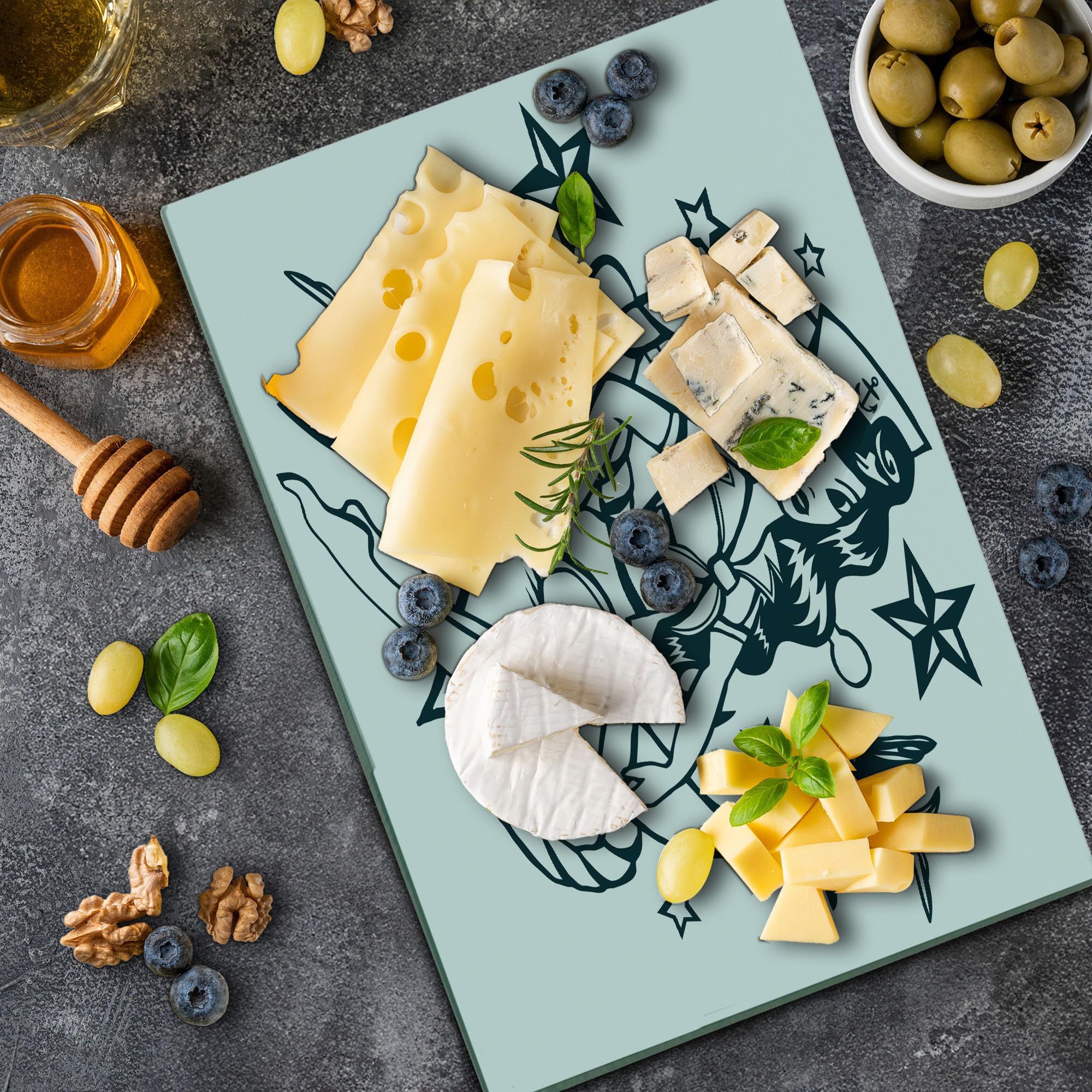 Ambesonne Anchor Themed Tempered Glass Cutting Board - Pin-up Girl Nautical Design with Swallow Birds & Stars - Large Decorative Serving Board for Kitchen & Dining - Teal & White Hand-Painted Artwork - Perfect for Entertaining, Cooking Prep & Home Decor
