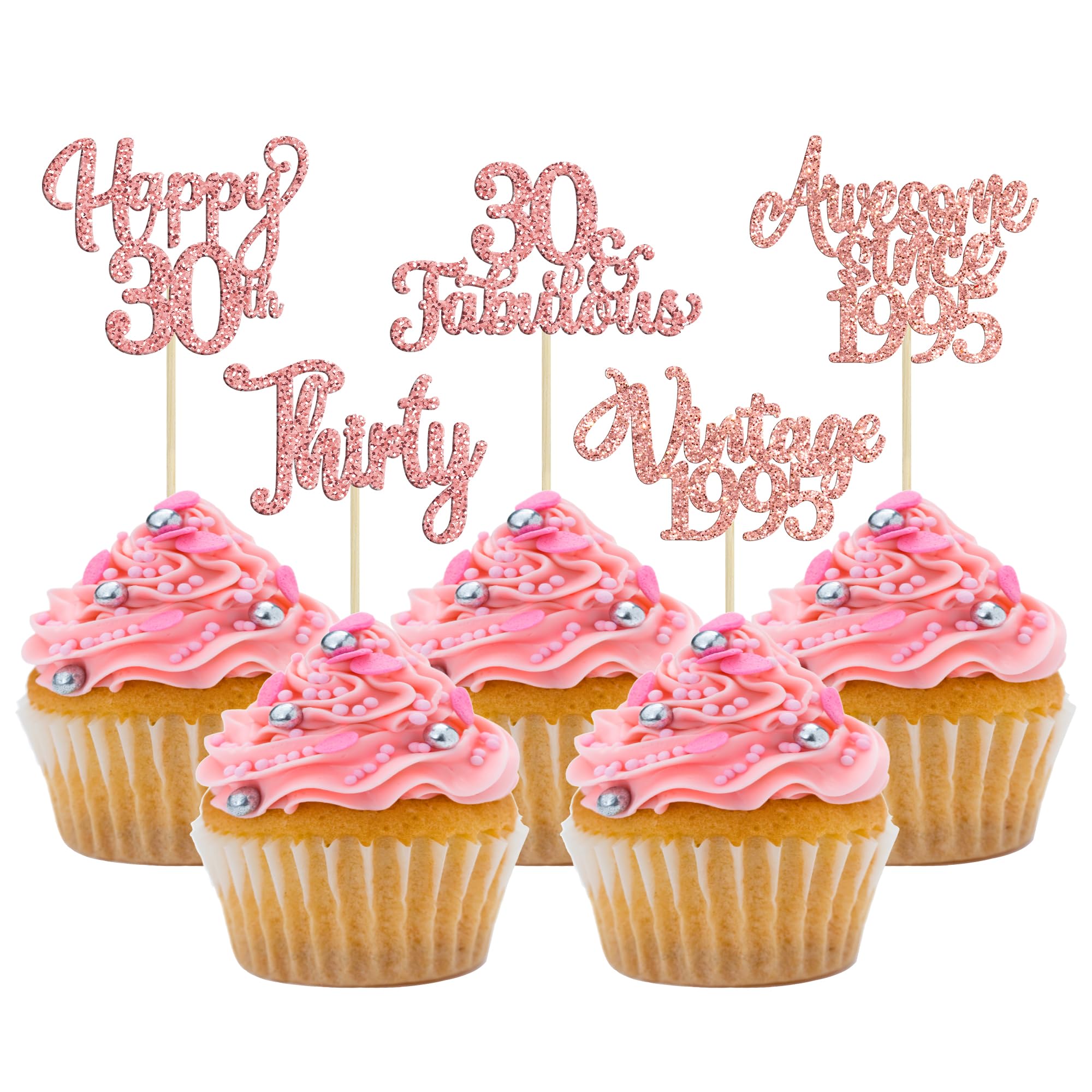 30Pcs Vintage 1995 Cupcake Toppers - Glitter 30th Birthday Cake Decorations with Rose Gold Accents for Happy 30th Anniversary Party Supplies | Perfect for Milestone Celebrations, Bridal Showers & Dessert Table Decor