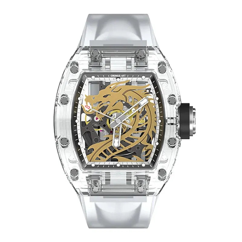 CRONUSART Men's Automatic Mechanical Watch - Tonneau Sapphire Crystal Case, Luminous Hands, Skeleton Dragon Dial, Liquid Silicone Strap - Perfect for Business, Casual & Formal Occasions
