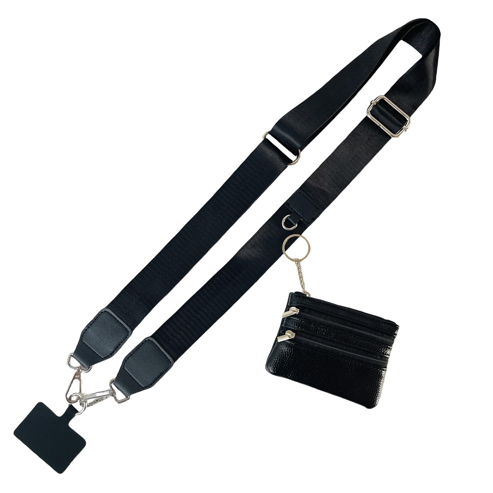 Black Phone Strap with Zippered Pouch & Clip - Adjustable Crossbody Strap for Phone & Wallet (iPhone/Samsung) - Hands-Free Convenience for Travel, Shopping & Daily Commute