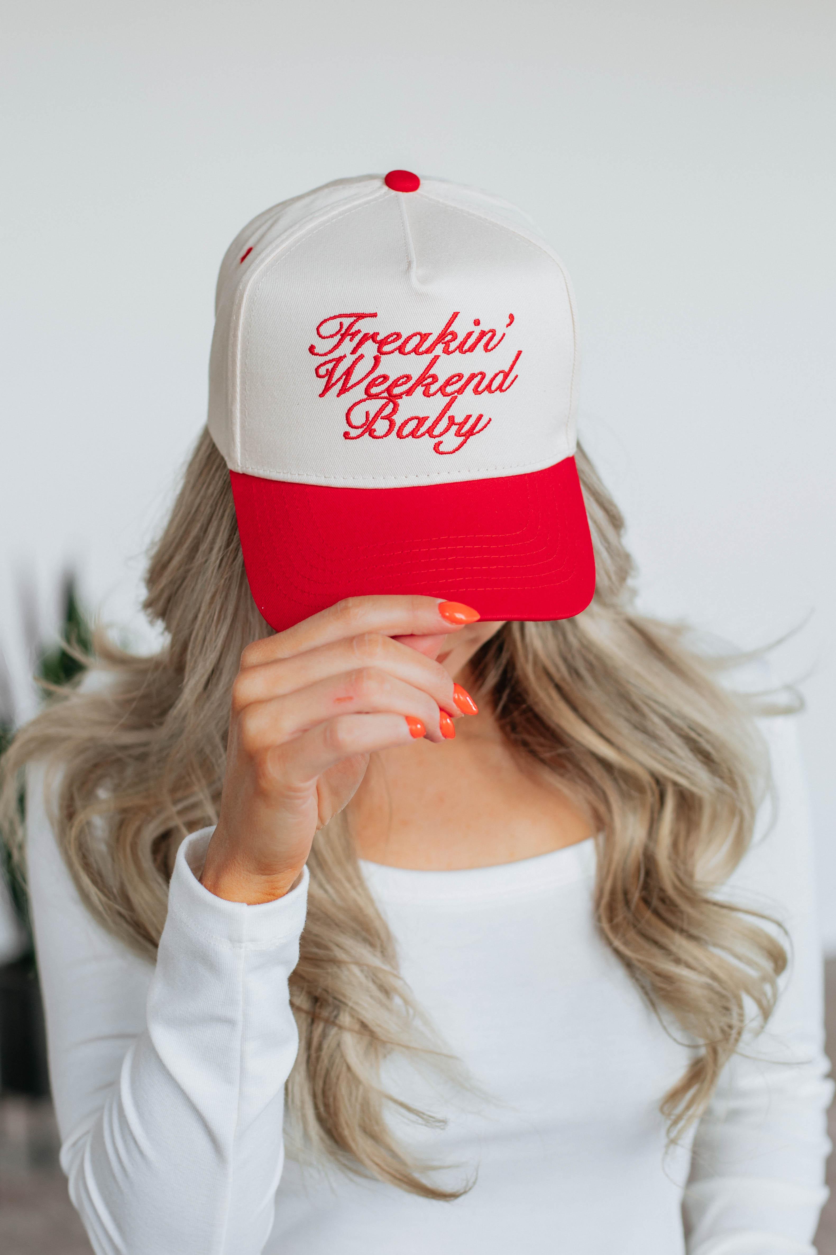 Freakin' Weekend Baby Trucker Hat - Stylish Red Baseball Cap for Men & Women | Perfect for Outdoor Activities, Music Festivals and Casual Wear