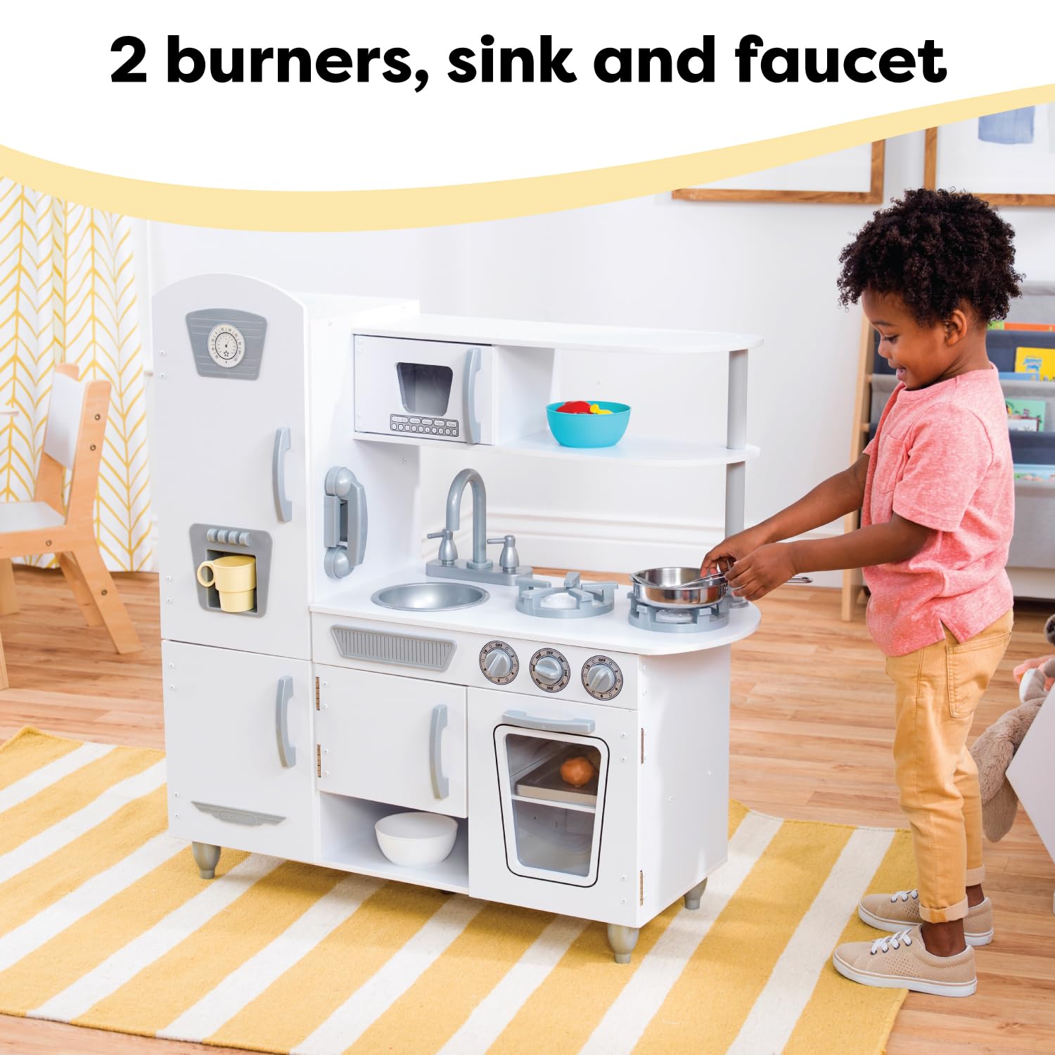 KidKraft Vintage Wooden Play Kitchen for Kids - White Pretend Kitchen Set with Ice Maker & Toy Phone | Perfect for Pretend Play, Role Playing & Early Childhood Development