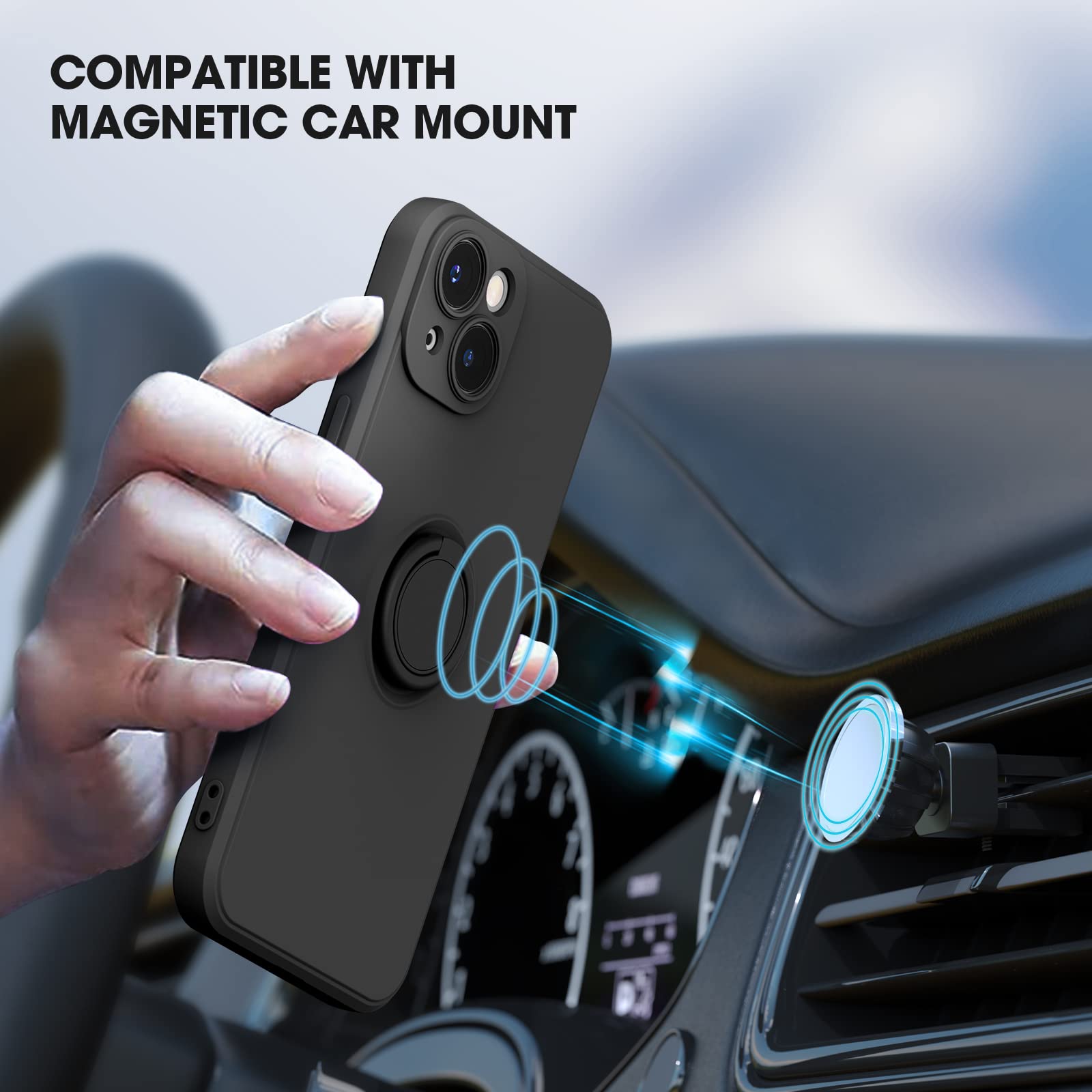 Premium Shockproof Silicone Phone Case for iPhone 14 with Screen Protector - 6.1 Inch Slim Protective Cover with Ring Holder Stand, Wrist Strap & Microfiber Lining (Black) | Perfect for Daily Use, Travel & Outdoor Activities