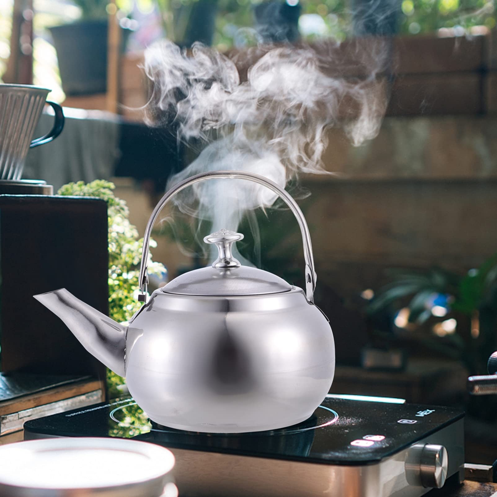 Hemoton Stainless Steel Whistling Tea Kettle - 1.5L Stovetop Teapot with Removable Strainer, Portable Camping & Travel Kettle, Silver - Perfect for Home, Office, Outdoor Picnics & Tea Parties