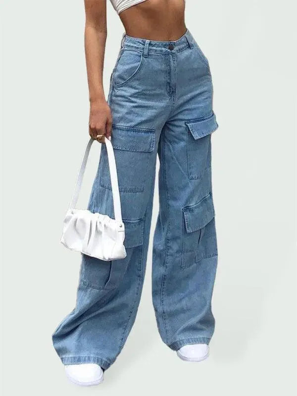 Women's High Waisted Wide Leg Cargo Jeans - Stretch Comfort & Utility Pockets | Casual Streetwear, Outdoor Adventures & Travel Essentials