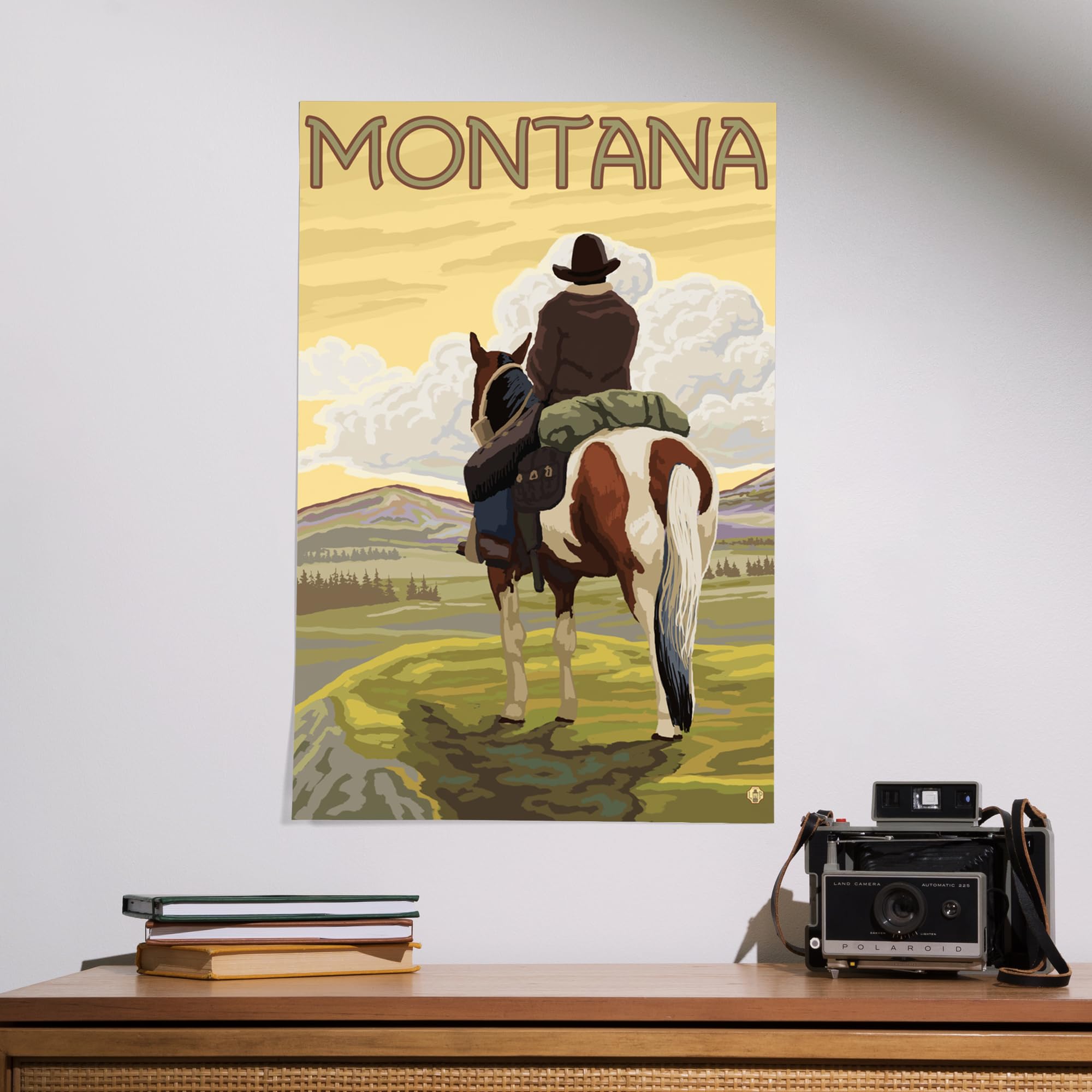 Lantern Press 16x24 Inch Giclee Art Print - Montana Landscape with Cowboy & Horse - Western Wall Decor for Living Room, Office & Cabin