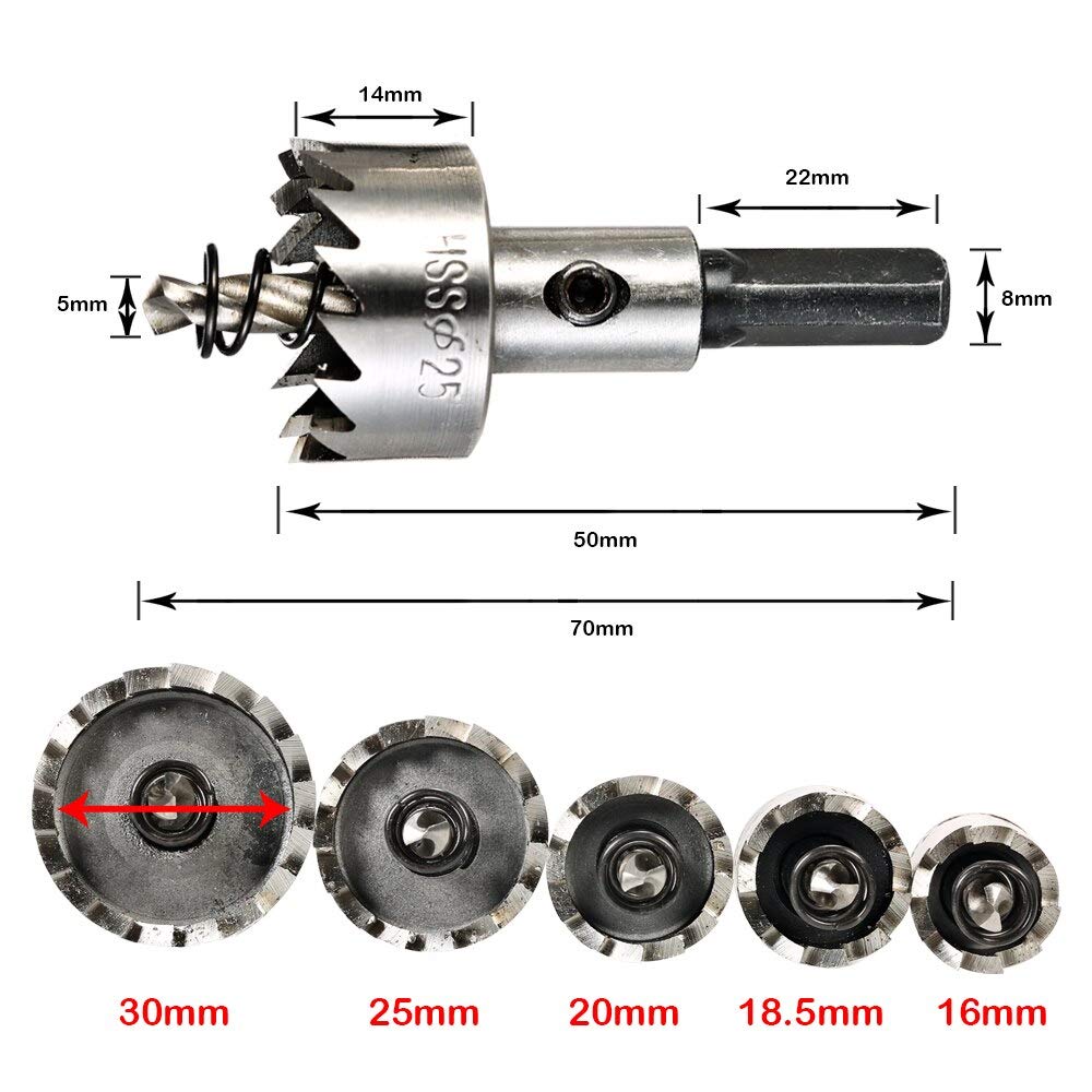 5PCS High Speed Steel (HSS) Hole Saw Drill Bit Set - 16/18.5/20/25/30mm Saw Tooth Cutter for Power Drilling Tools - Perfect for Wood, Metal, PVC, and Drywall Projects