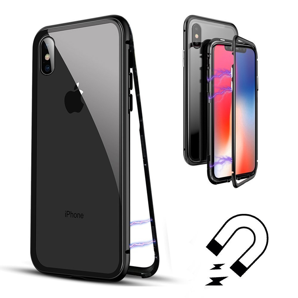 QLTYPRI Magnetic iPhone XR Case with Aluminum Metal Frame & 9H Tempered Glass Back - Wireless Charging Compatible, Clear Black Protective Cover for iPhone XR - Perfect for Work, Travel & Everyday Use