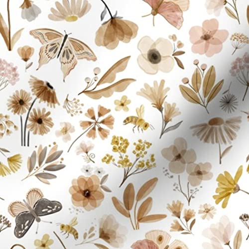 Premium Spoonflower Upholstery Velvet Fabric - Floral Garden with Butterflies & Bees Print for Home Decor, Apparel & DIY Projects | Fat Quarter, Spring Nature Design | Perfect for Curtains, Pillows & Clothing