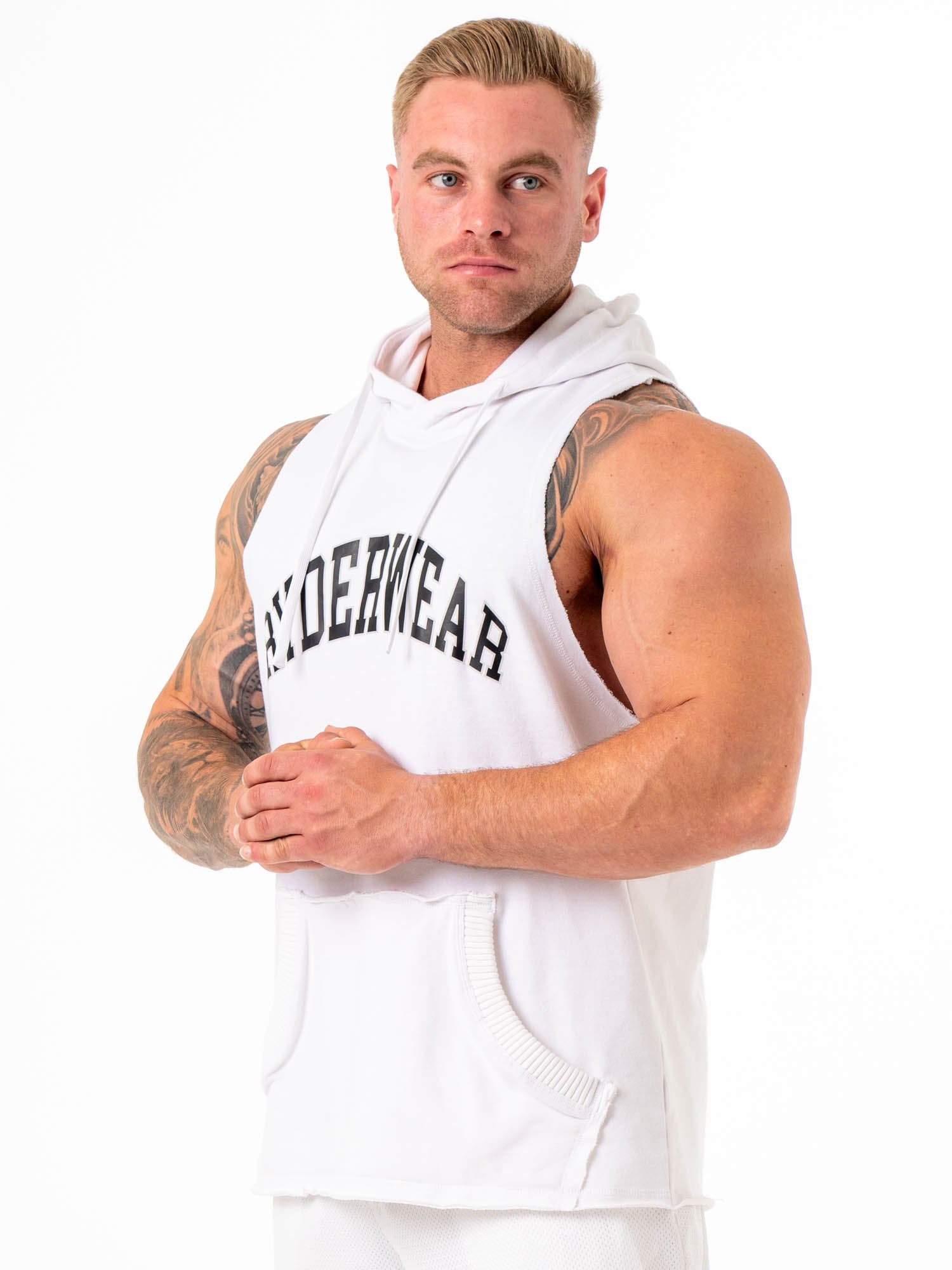 Stylish White Collegiate Sleeveless Hoodie for Women & Men - Perfect for Gym, Running & Casual Wear