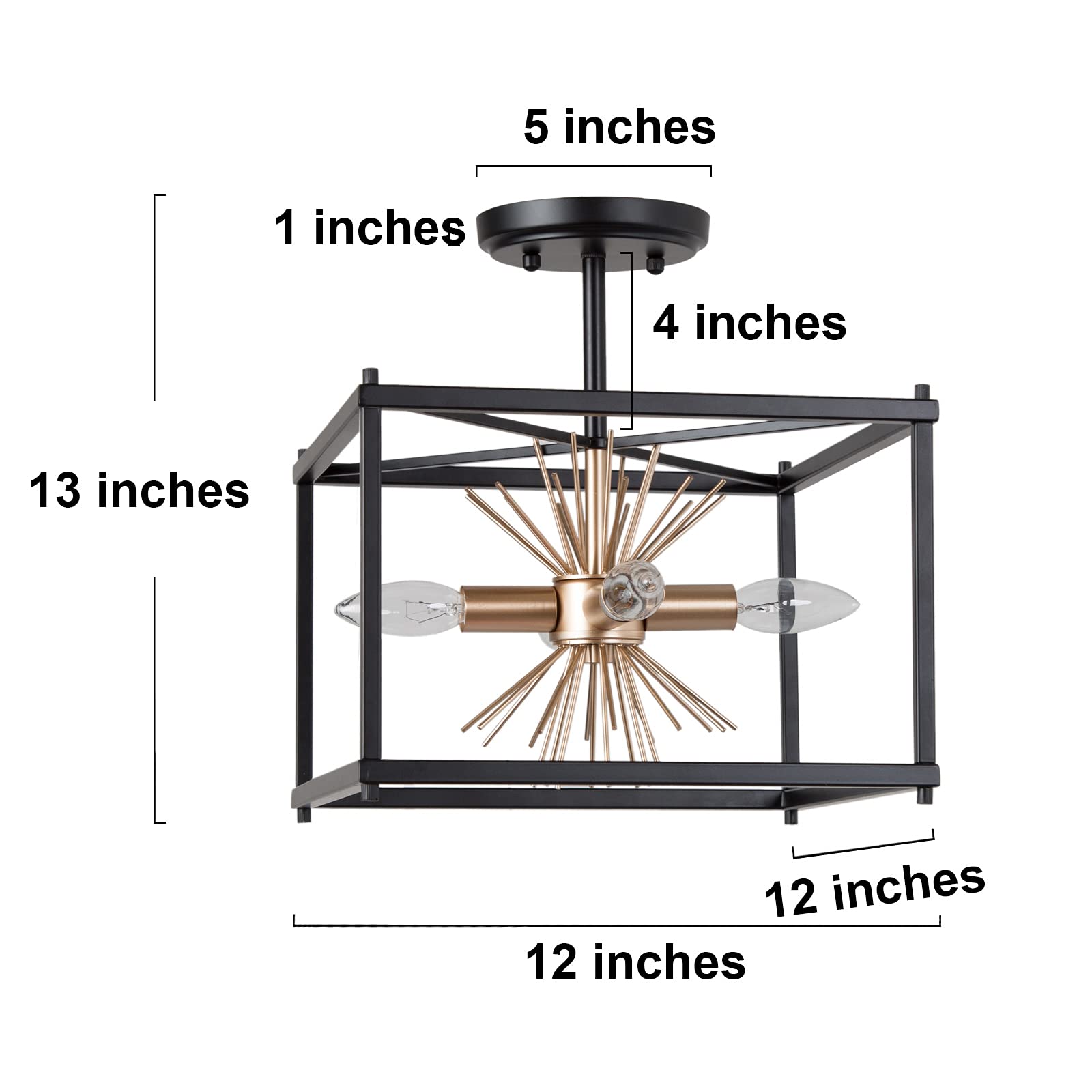 Optimant Modern Semi Flush Mount Ceiling Light Fixture - 4-Light Black Ceiling Lamp with Gold Starburst Design for Hallway, Bedroom, Kitchen, Dining Room & Foyer | Energy-Efficient LED Lighting for Home & Office Decor