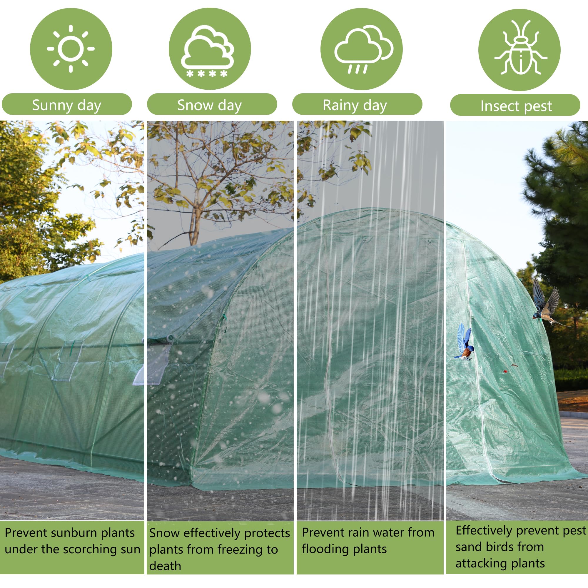 15x7x7FT Portable Greenhouse Tunnel with Sturdy Metal Frame & PE Cover - 6 Retractable Curtains, Double Zippers for Flowers, Plants & Vegetables | Perfect for Backyard Gardening, Urban Farming & Year-Round Plant Protection (Green)
