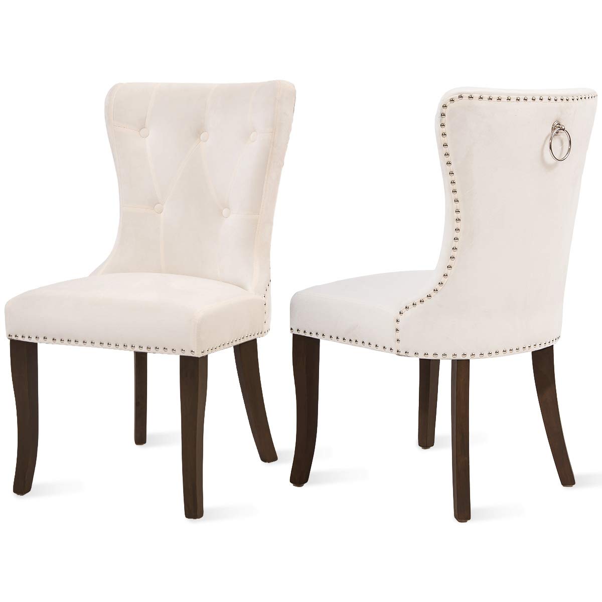 SYCT Set of 2 Cream Upholstered Dining Chairs - Button Tufted Armless Accent Chairs with Nailhead Trim & Back Ring Pull, 19.7