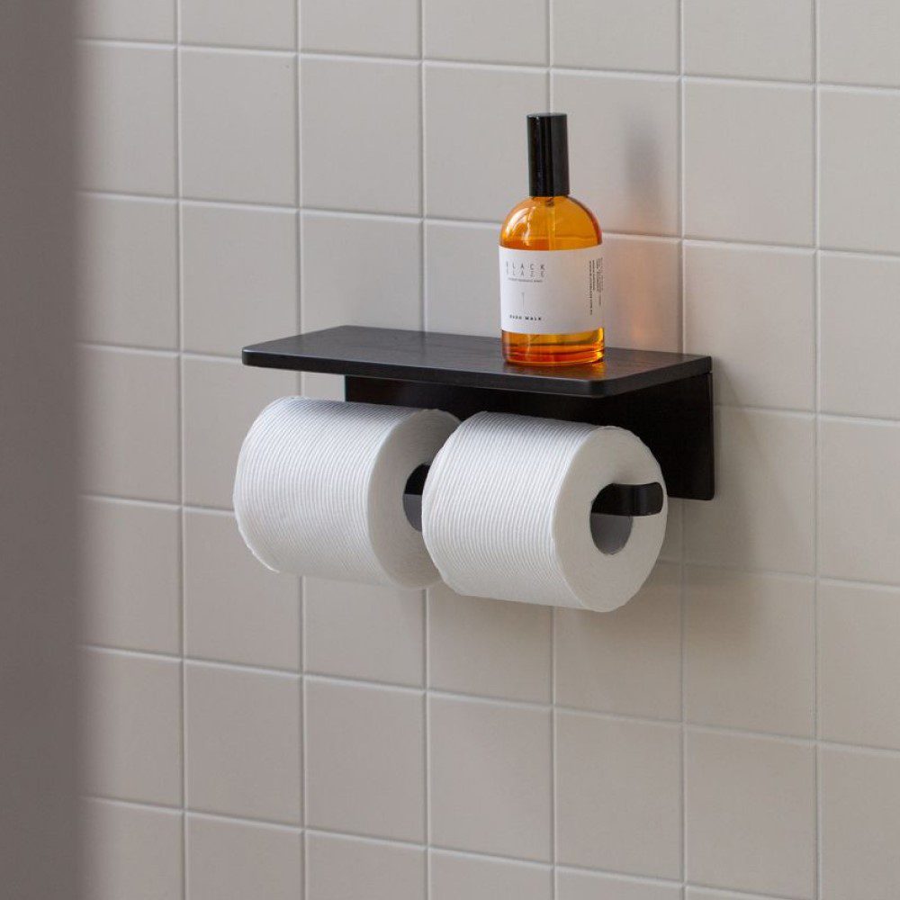 DESIGNSTUFF Dual Toilet Paper Holder with Shelf - Black Bathroom Organizer for Modern Homes | Space-Saving & Stylish Storage Solution