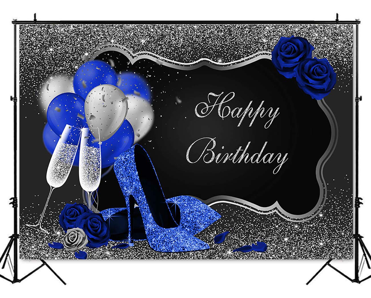 Royal Blue High Heels & Balloons Birthday Backdrop - 8x6ft (96x72 inch) Silver & Black Party Decoration for Women with Blue Roses - Perfect for Birthday Celebrations, Baby Showers & Special Events