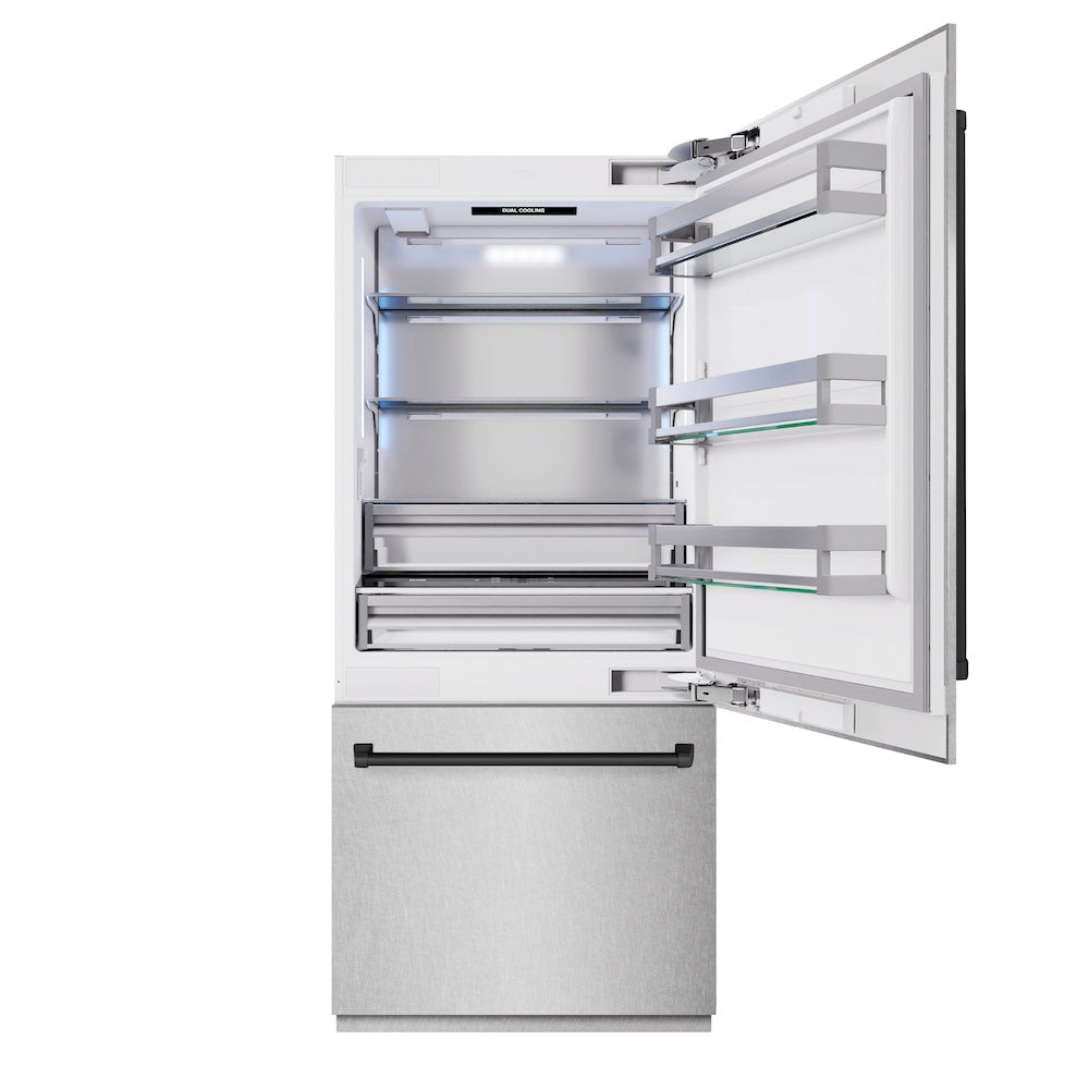 ZLINE Autograph Edition 36 Inch Built-In Bottom Freezer Refrigerator - 19.8 cu ft Capacity, Water Dispenser & Ice Maker - Satin Stainless Steel with Matte Black Accents (RBITZ SN 36 MB) - Perfect for Modern Kitchens, Open Concept Homes & Luxury Appliances Upgrade