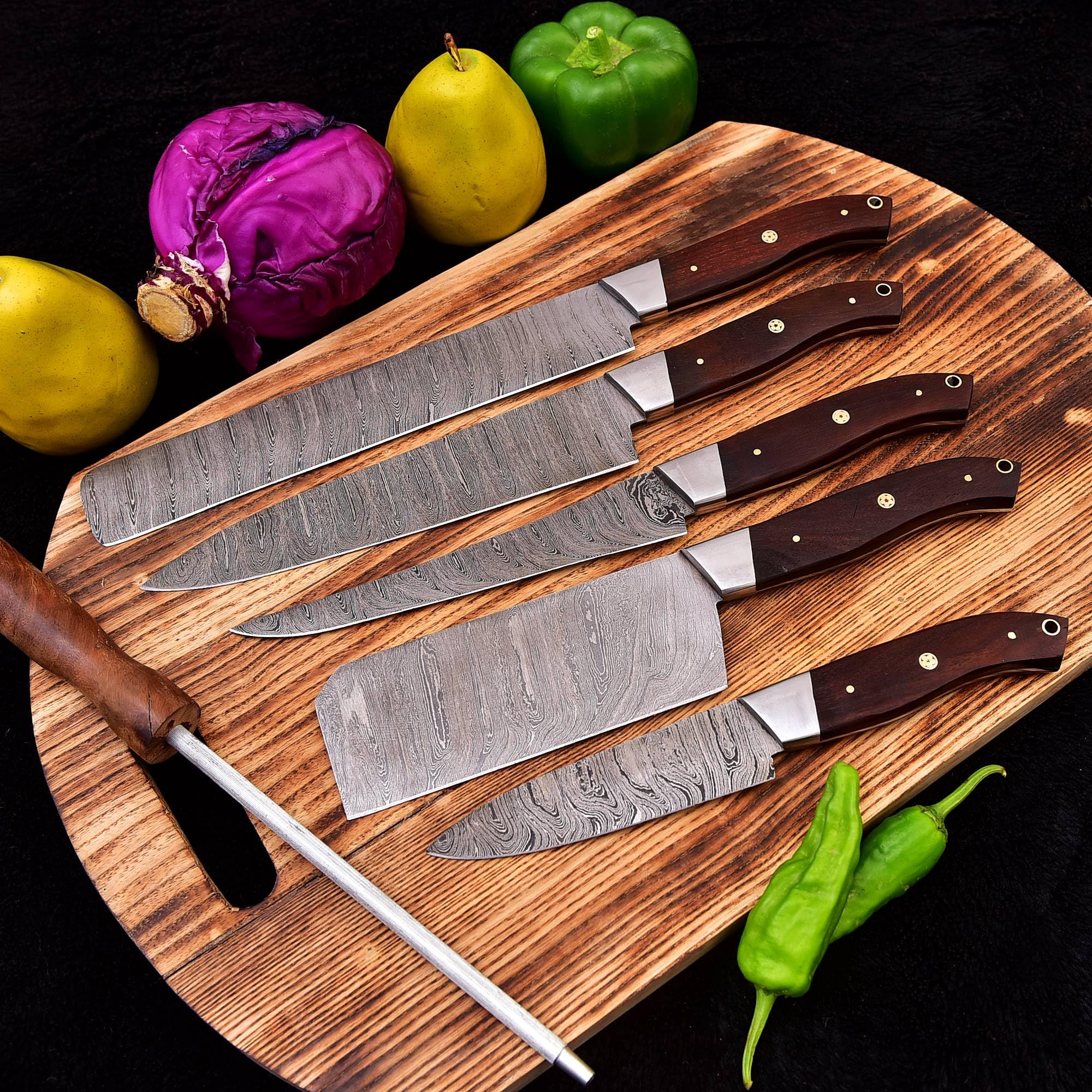 Premium Damascus Steel 6-Piece Professional Kitchen Knife Set with Leather Roll - Handcrafted Utility Knives for Chefs & Home Cooking (Brown) - Perfect for Slicing, Dicing & Food Prep