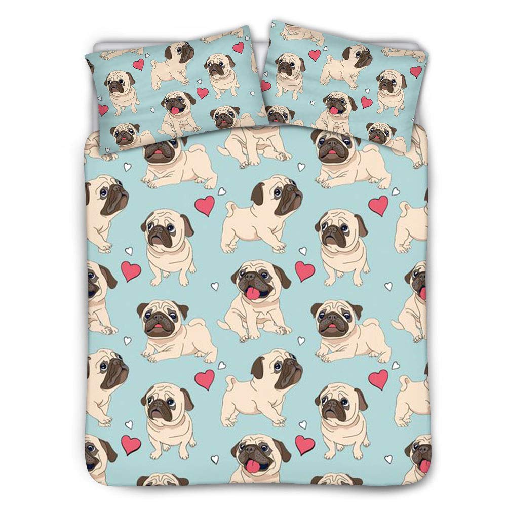 BIGCARJOB King Size Pug Duvet Cover Set - 3 Piece Cartoon Cute Pug with Hearts Design, Turquoise & Beige Lining (104x88 Inches) - Soft Bedding for Boys & Girls | Perfect for Kids' Rooms, Teen Bedrooms & Dog Lover Gifts
