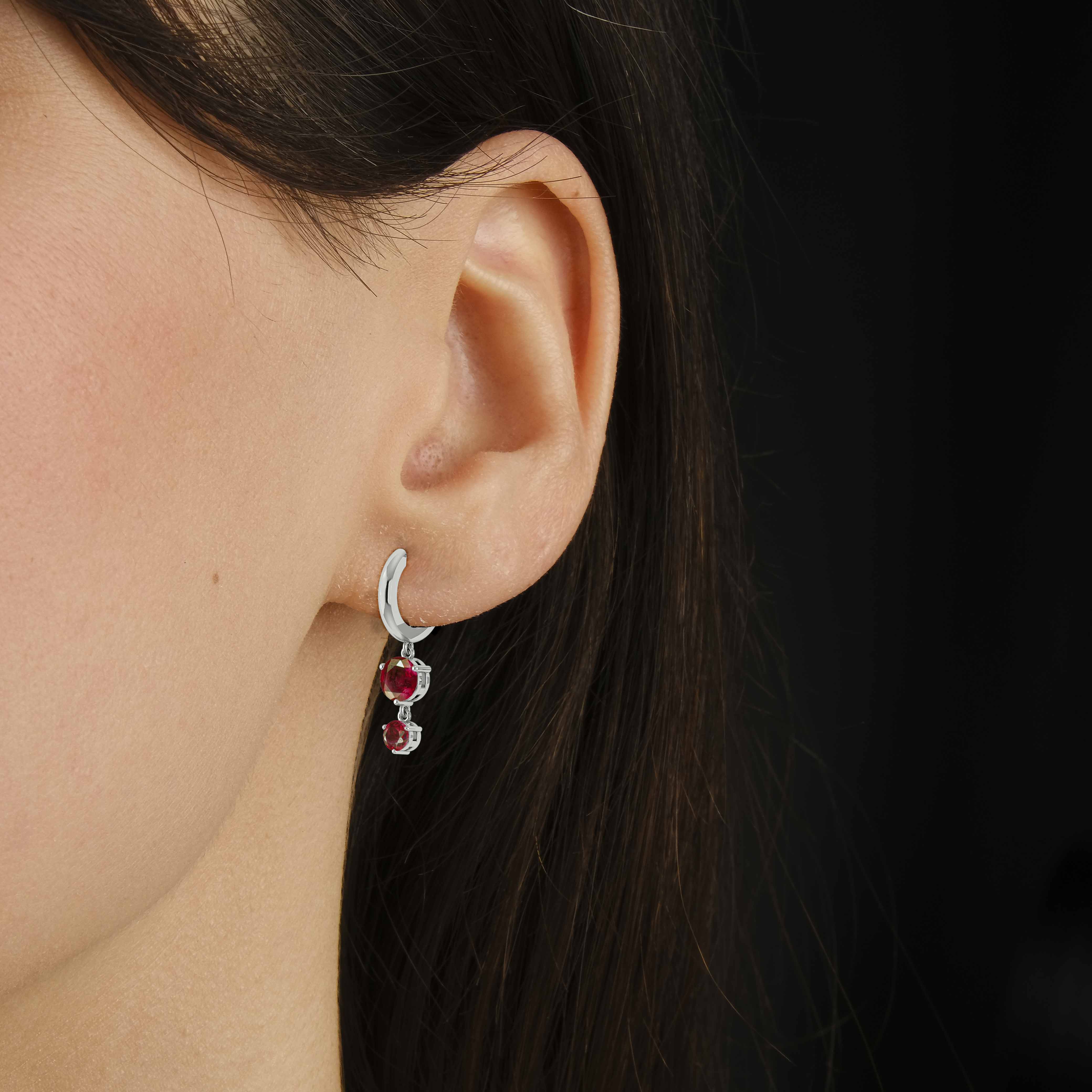 2 Round Stone Natural Ruby Drop Hoop Earrings for Women - Elegant Dangling Jewelry for Parties, Weddings & Special Occasions