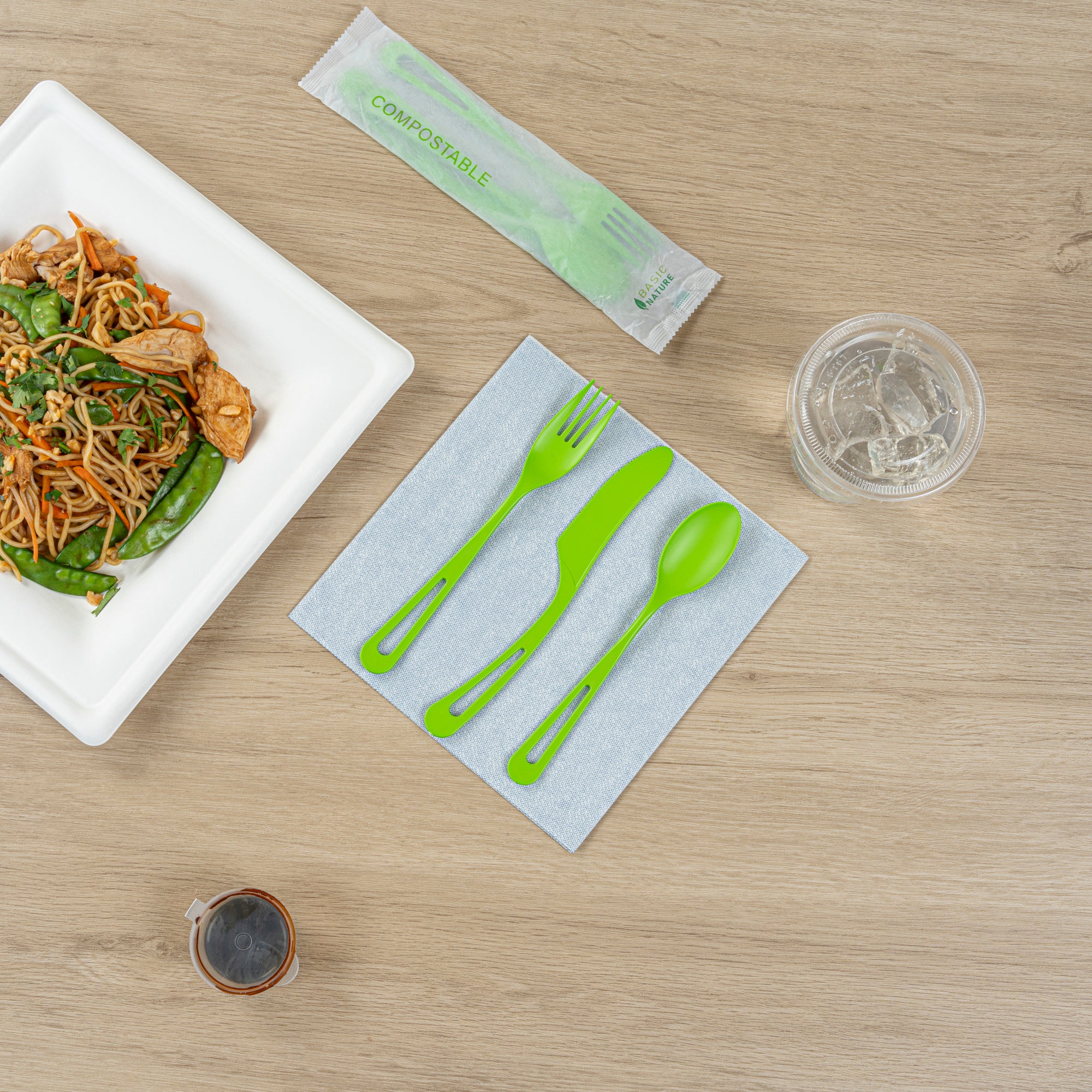 Eco-Friendly Green CPLA Plastic Cutlery Set - 100-Piece Compostable Cutlery with Heat-Resistant Wrapper (7.5