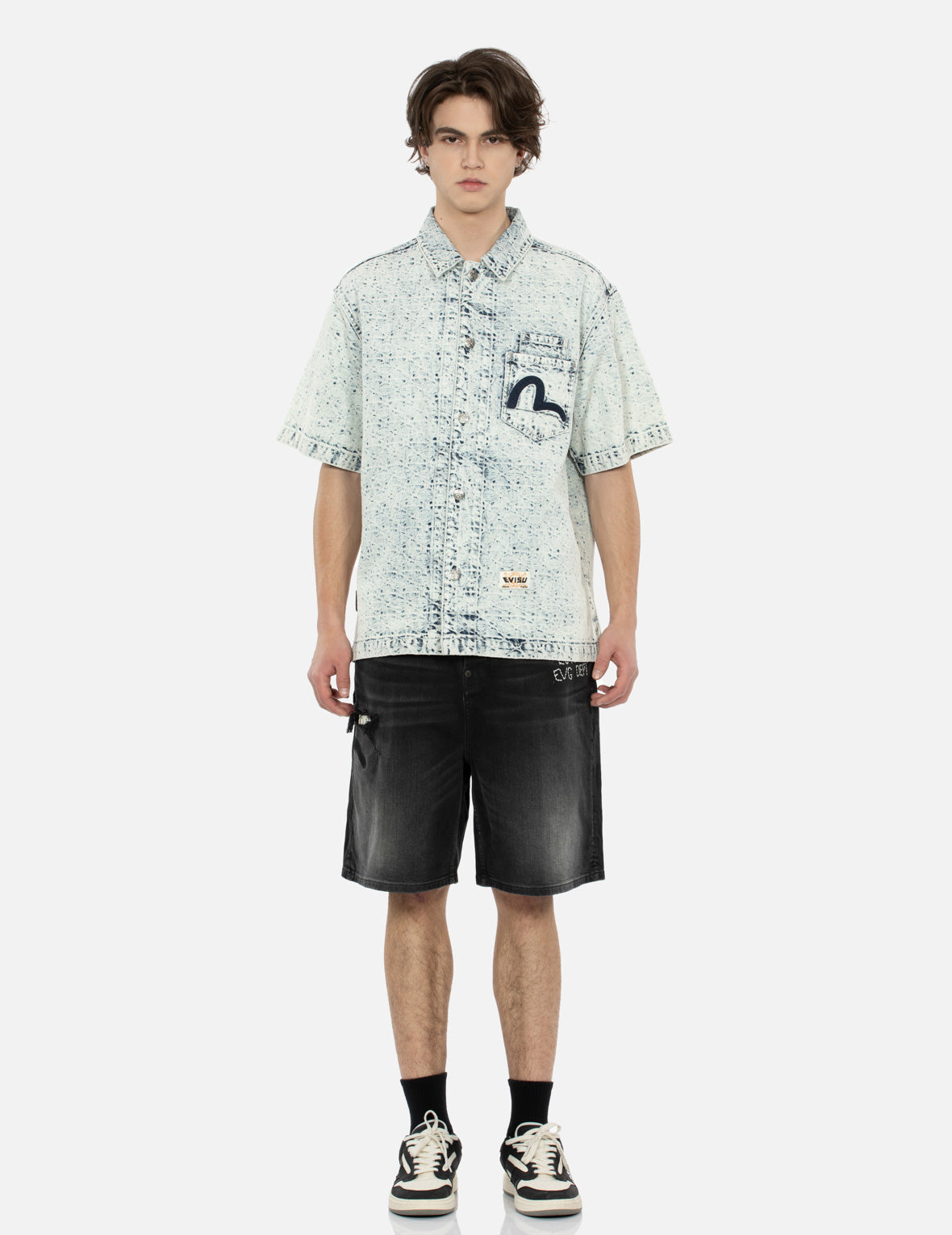 Vintage Washed Allover Kamon Jacquard & Seagull Embroidery Boxy Denim Shirt for Men - Casual Streetwear, Layering Piece for Spring & Fall Fashion