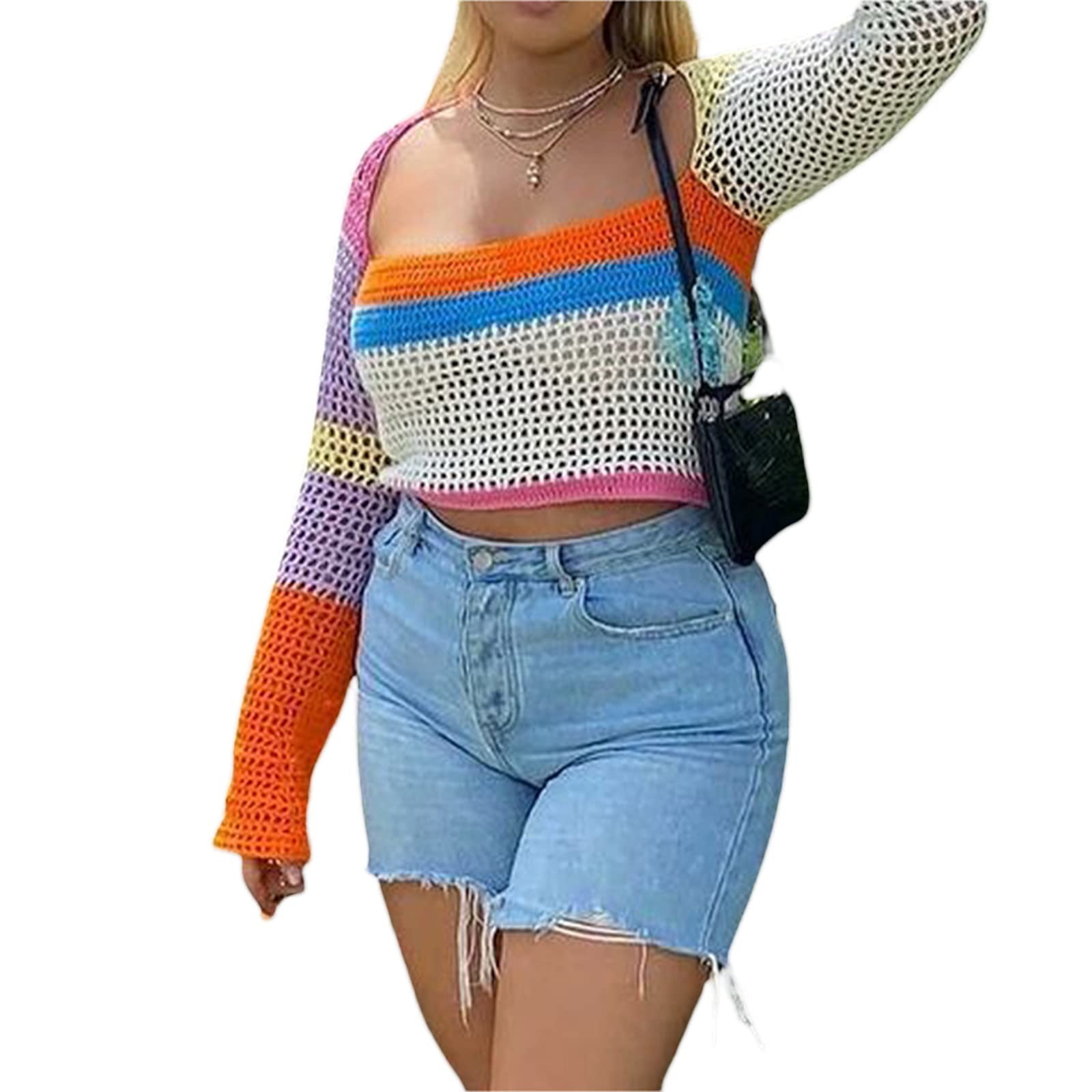 Sunloudy Women's Cropped Knit Top - Long Sleeve Crochet Hollow Out Square Neck Sweater for Casual Wear & Layering