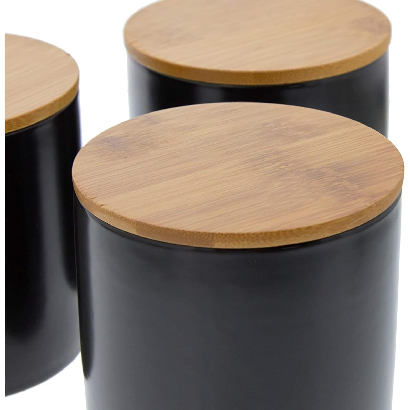 Juvale 3-Pack Black Ceramic Canisters with Bamboo Lids - 4 x 4.13 Inch Airtight Food Storage Containers for Coffee, Flour, Sugar & Snacks - Elegant Kitchen & Pantry Organization for Dining Room & Home Decor