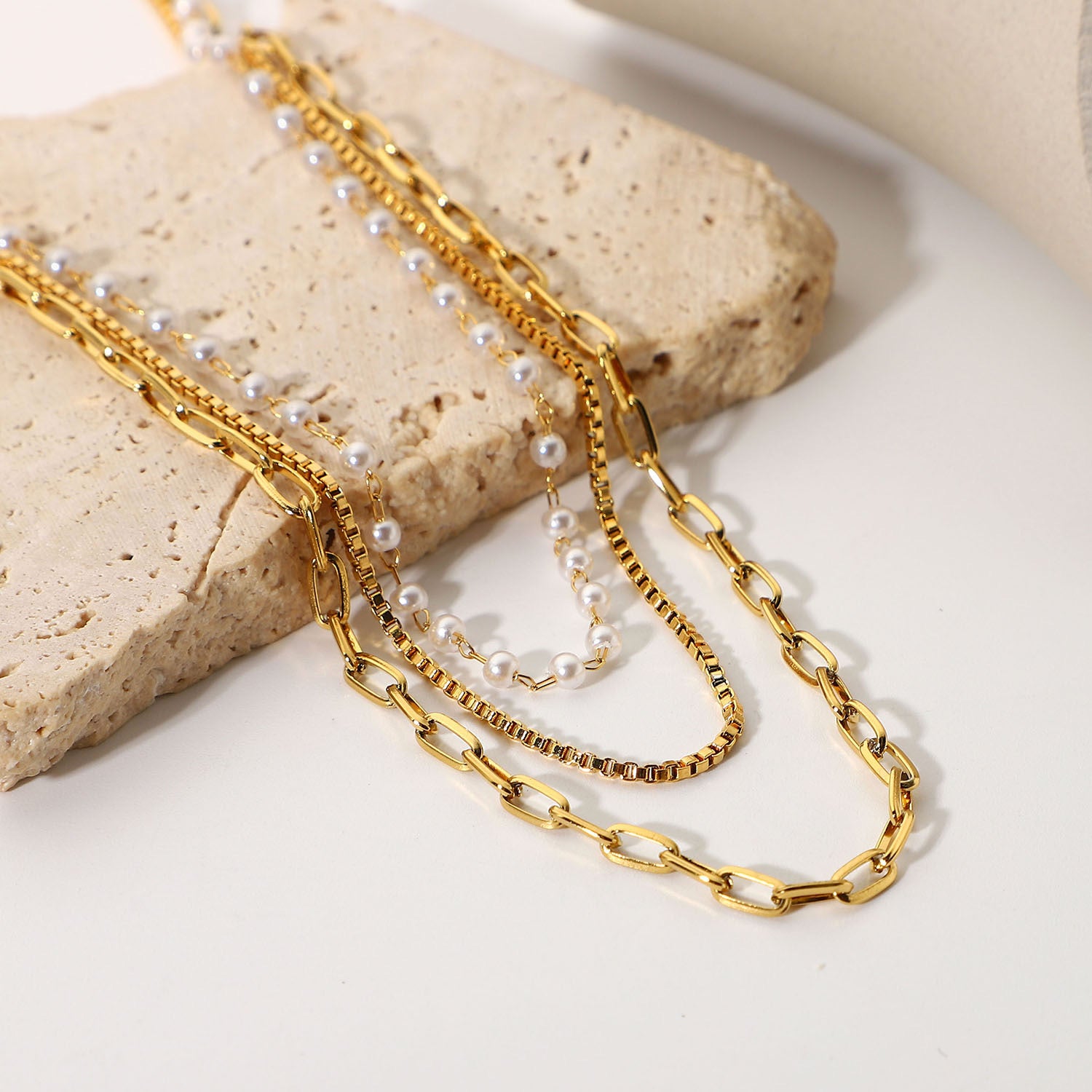 18K Gold Multi Layer Box Chain Necklace with Pearl Beads - Elegant Layered Jewelry for Women | Perfect for Weddings, Parties & Special Occasions | JDN20667