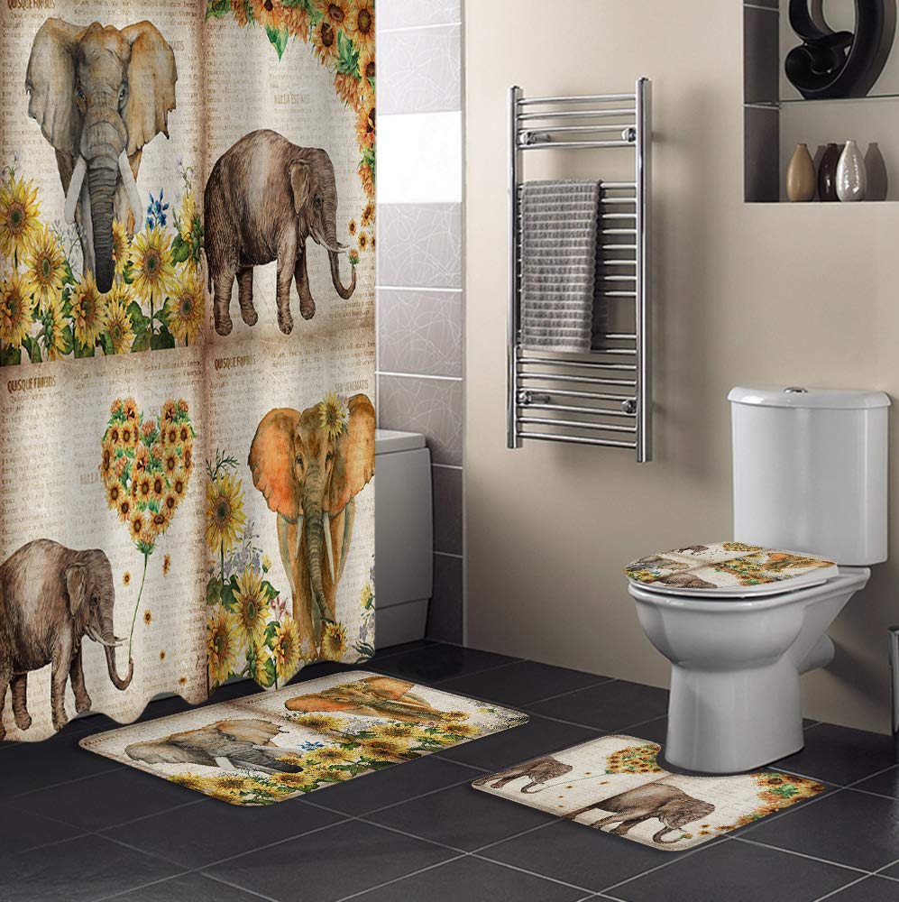 Elephant Sunflower Shower Curtain Set with Non-Slip Bath Mat, Toilet Lid Cover & 4-Piece Bathroom Rugs - Waterproof Bathroom Decor for Tub - Perfect for Kids' Bathrooms, Nursery Decor & Boho Style Homes