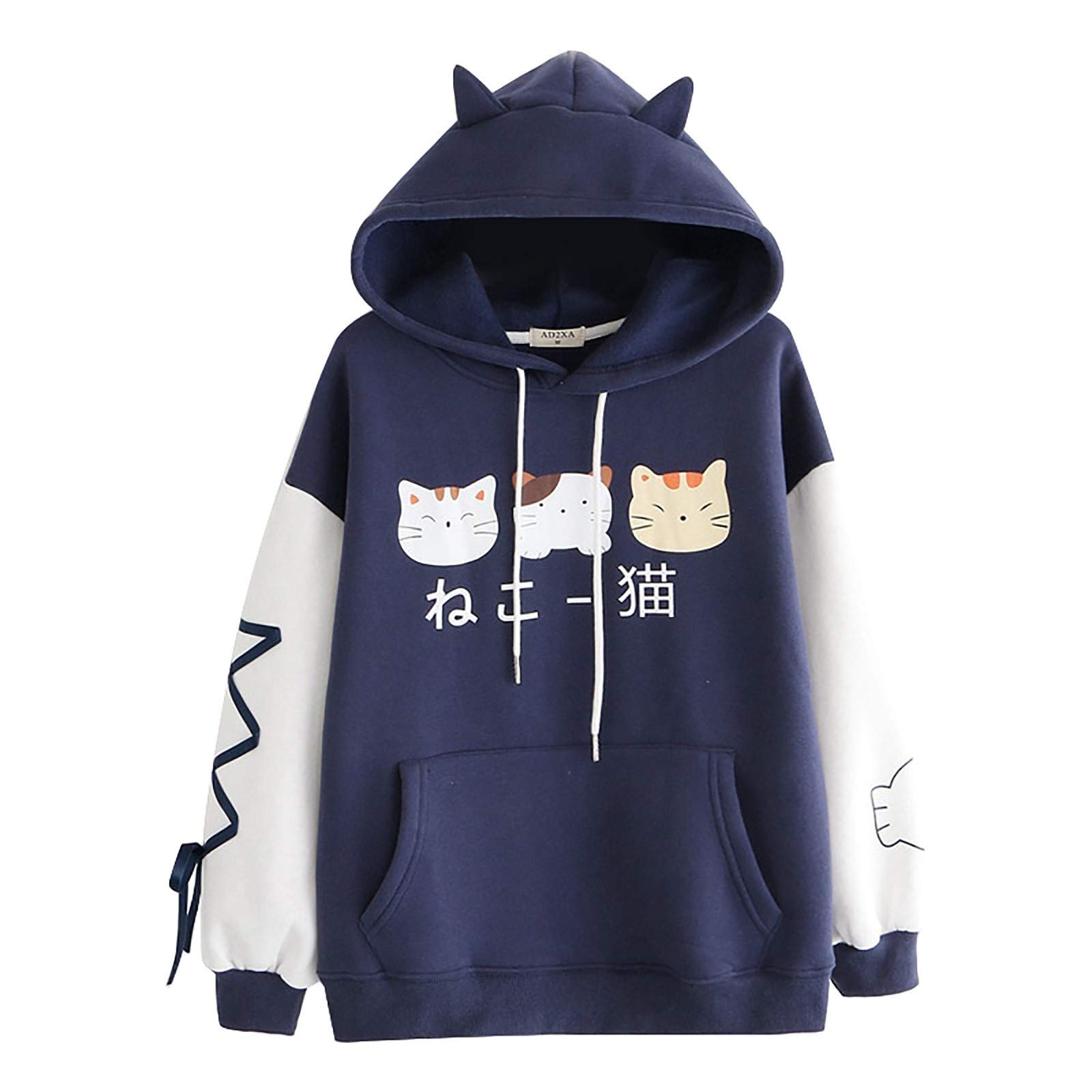 Cute Cat Hooded Sweatshirt for Women - Soft Cotton Plus Size V-Neck Pullover | Casual Loungewear & Streetwear Fashion