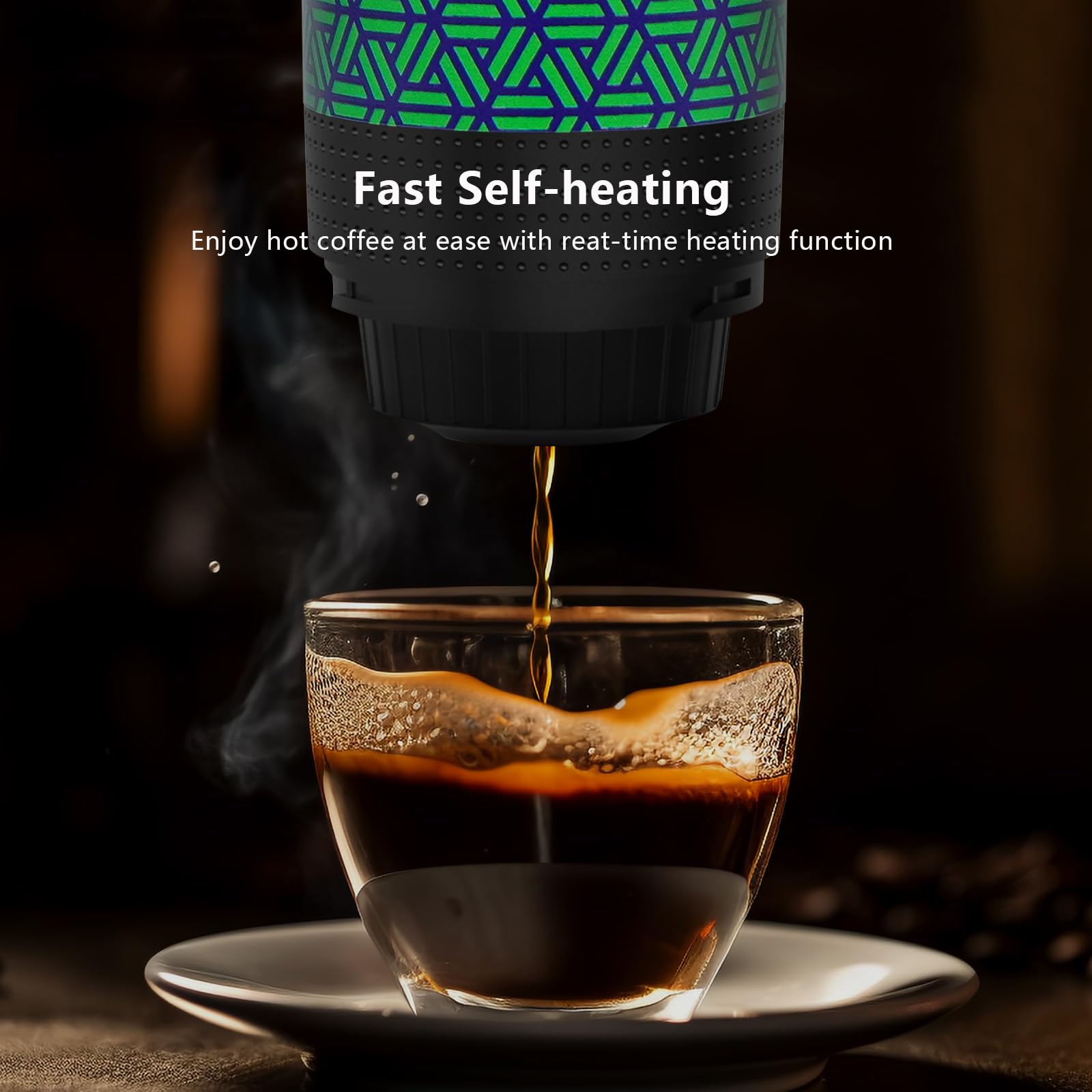 Portable Electric Espresso Machine - Battery Powered Rechargeable Coffee Maker for Camping, Travel, RV & Hiking - Works with Ground Coffee & Capsules - Self Heating Fast Brewing - Green & Black Design - Perfect for Outdoor Adventures, Road Trips and Office Use