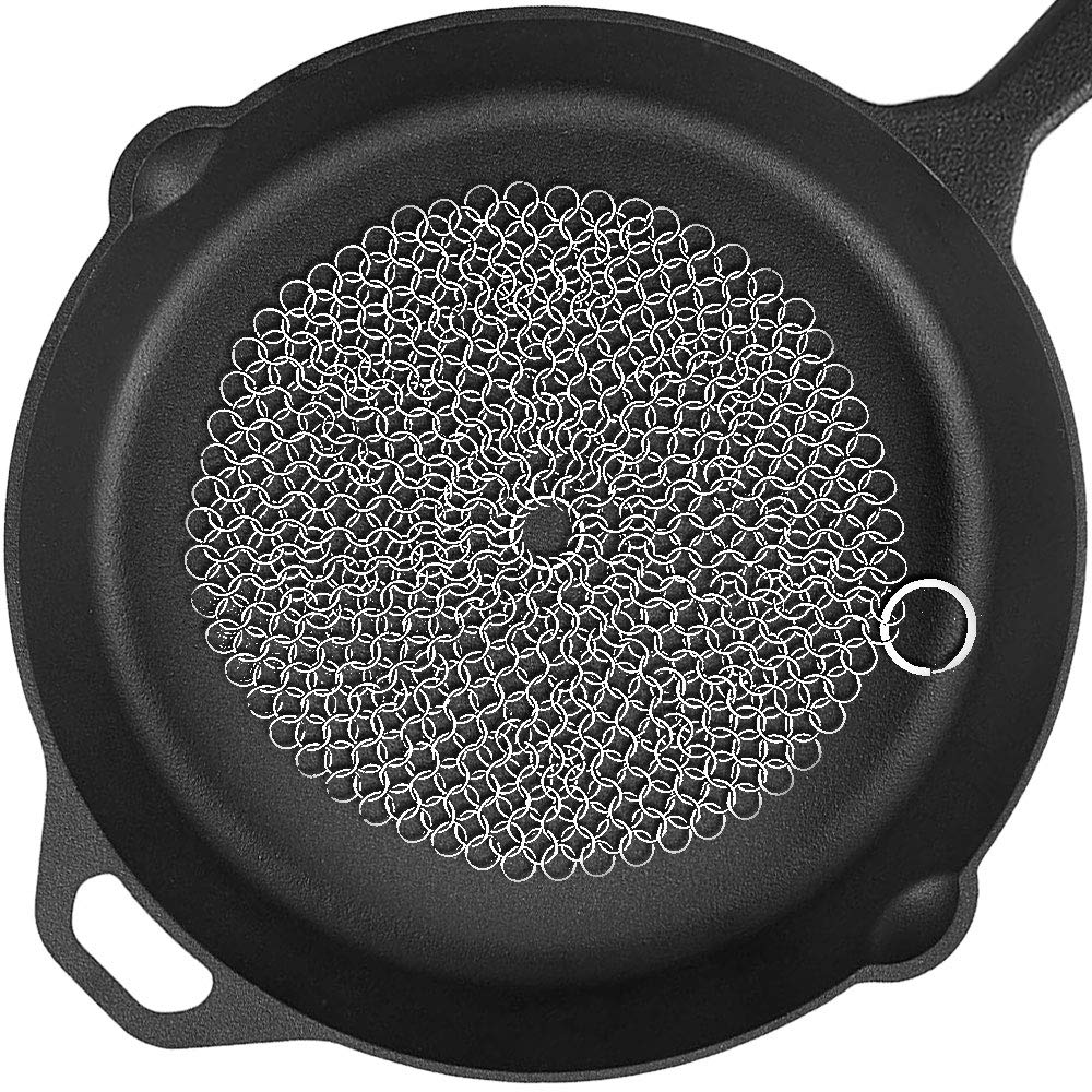 Premium 316L Stainless Steel Chain Scrubber for Cast Iron Pans & Cookware - 7 Inch Round Scouring Pad for Cast Iron Skillets, Dutch Ovens, Griddles - Ideal for Cleaning & Maintaining Pre-Seasoned Cast Iron Cookware