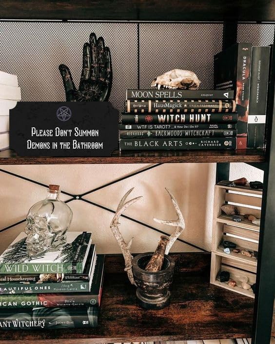 Flinelife 'Please Don't Summon Demons in The Bathroom' Sign - 12x6 Inches - Gothic Witchy Bathroom Wall Art Decor - Funny Novelty Sign for Halloween, Witch Aesthetic & Spooky Home Decor